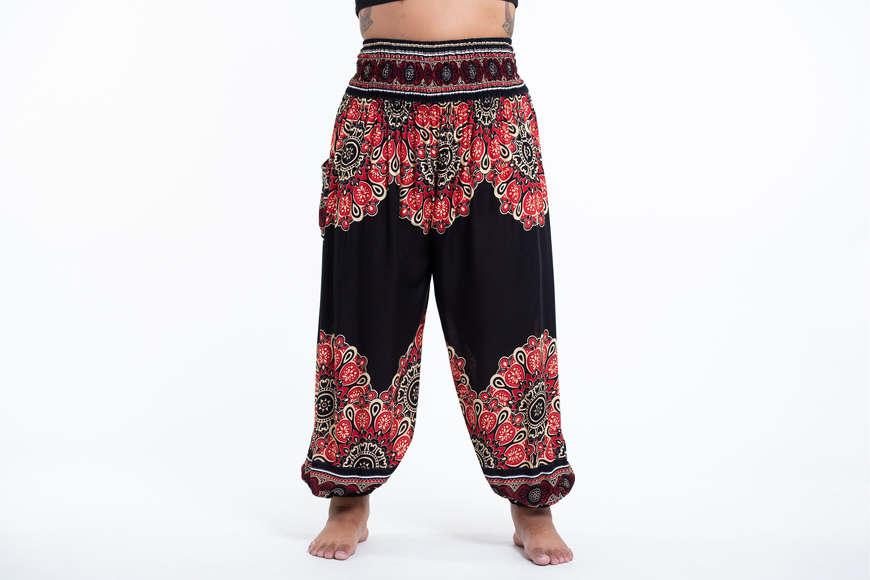 Plus Size Peony Mandalas Women's Harem Pants in Black