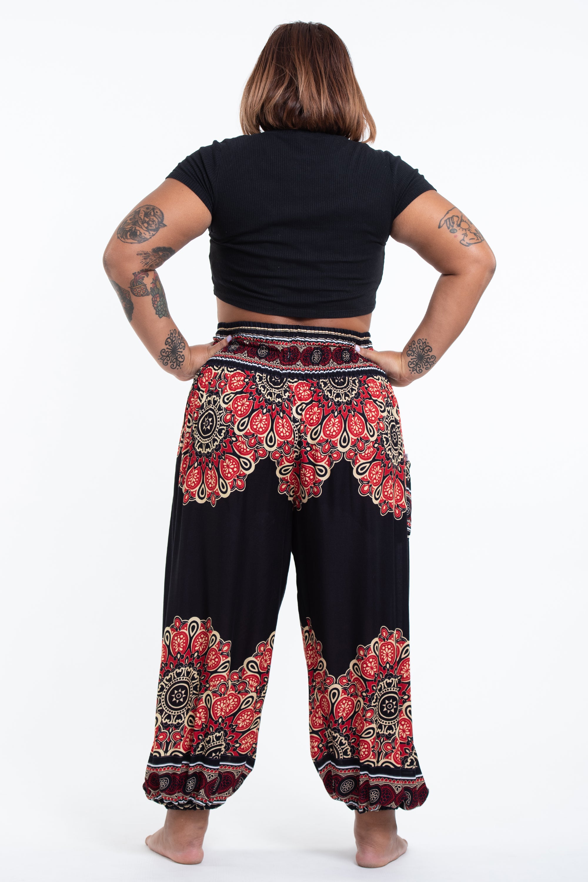 Plus Size Peony Mandalas Women's Harem Pants in Black