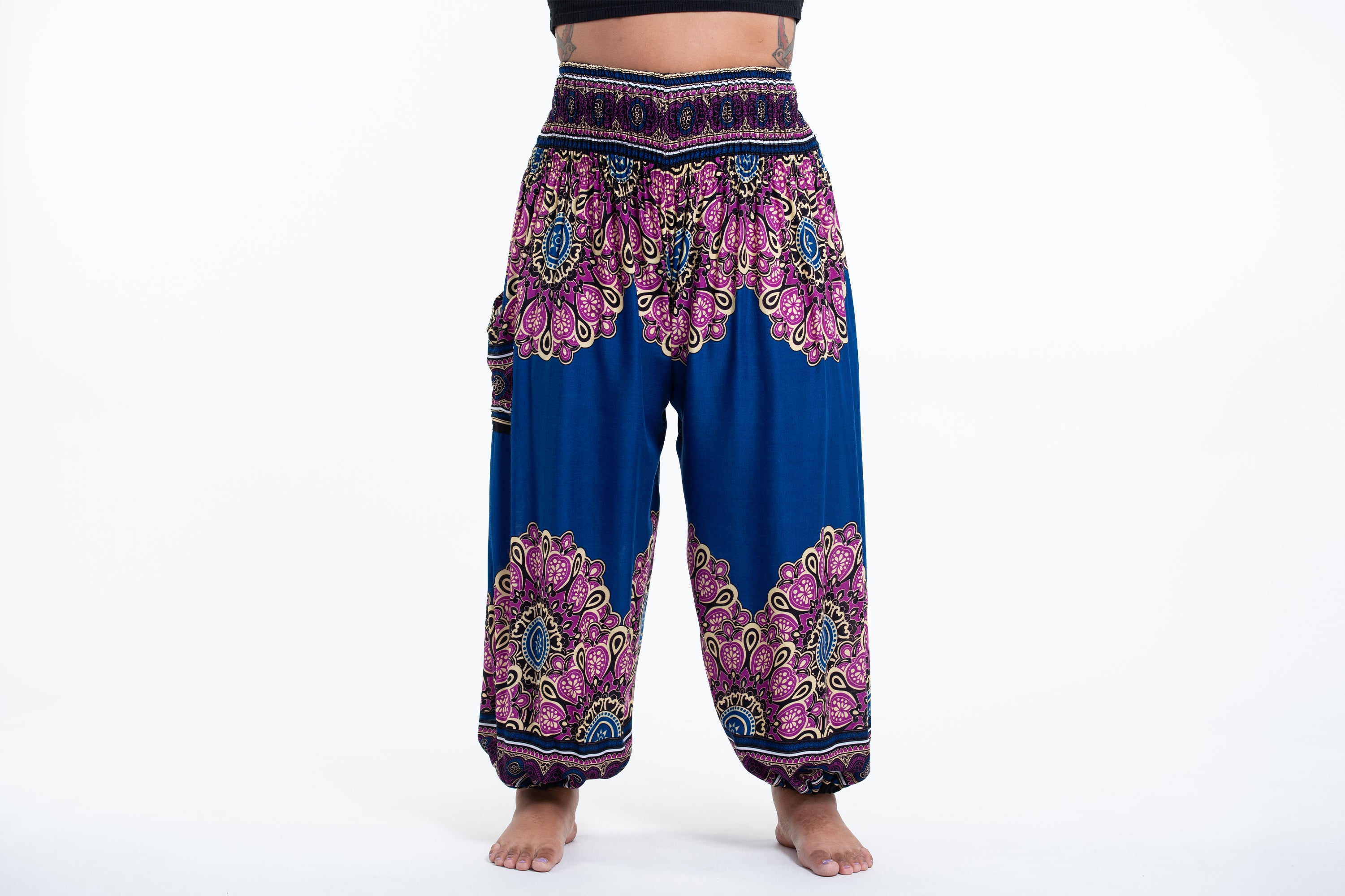 Plus Size Peony Mandalas Women's Harem Pants in Blue