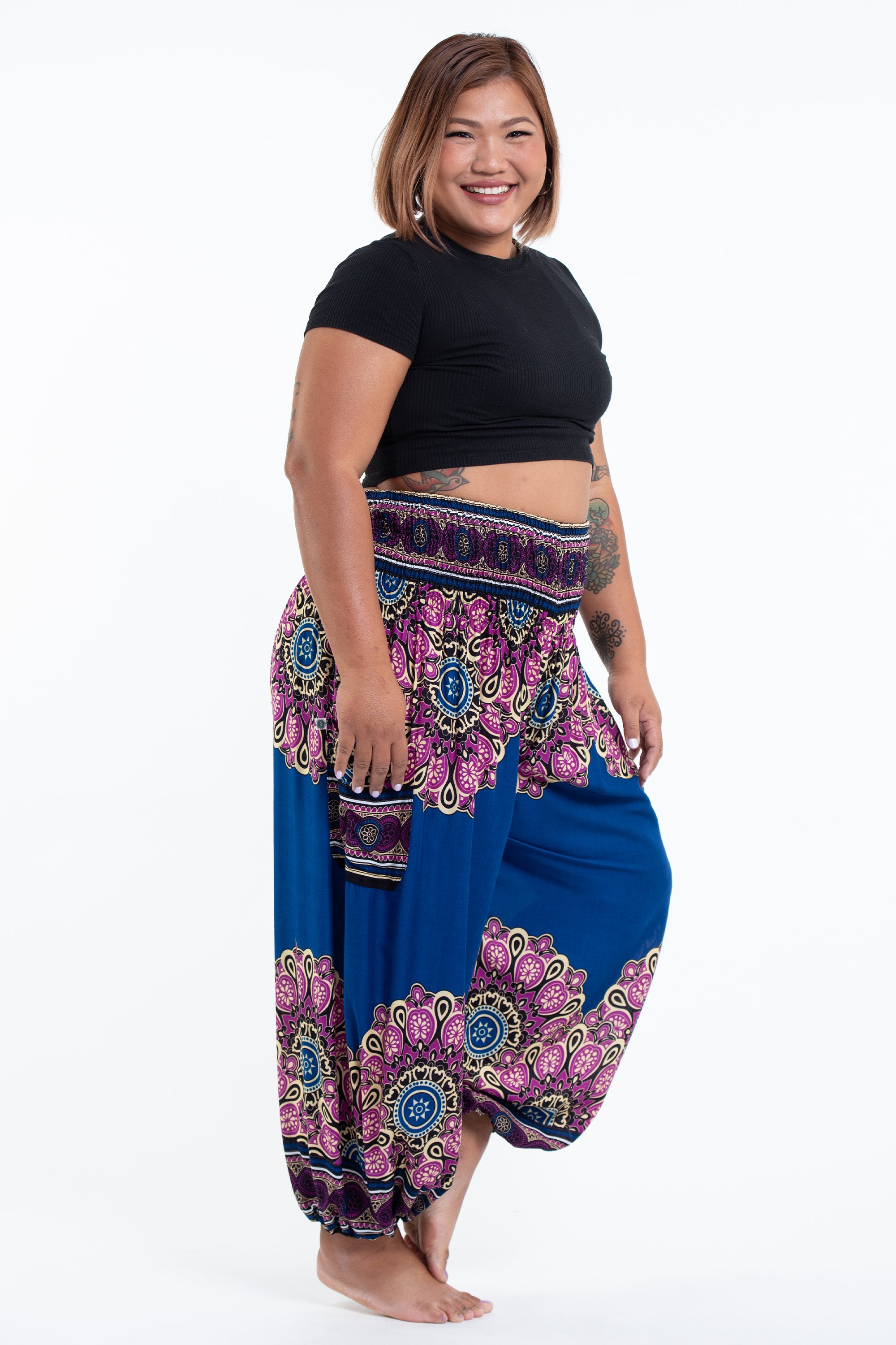 Plus Size Peony Mandalas Women's Harem Pants in Blue