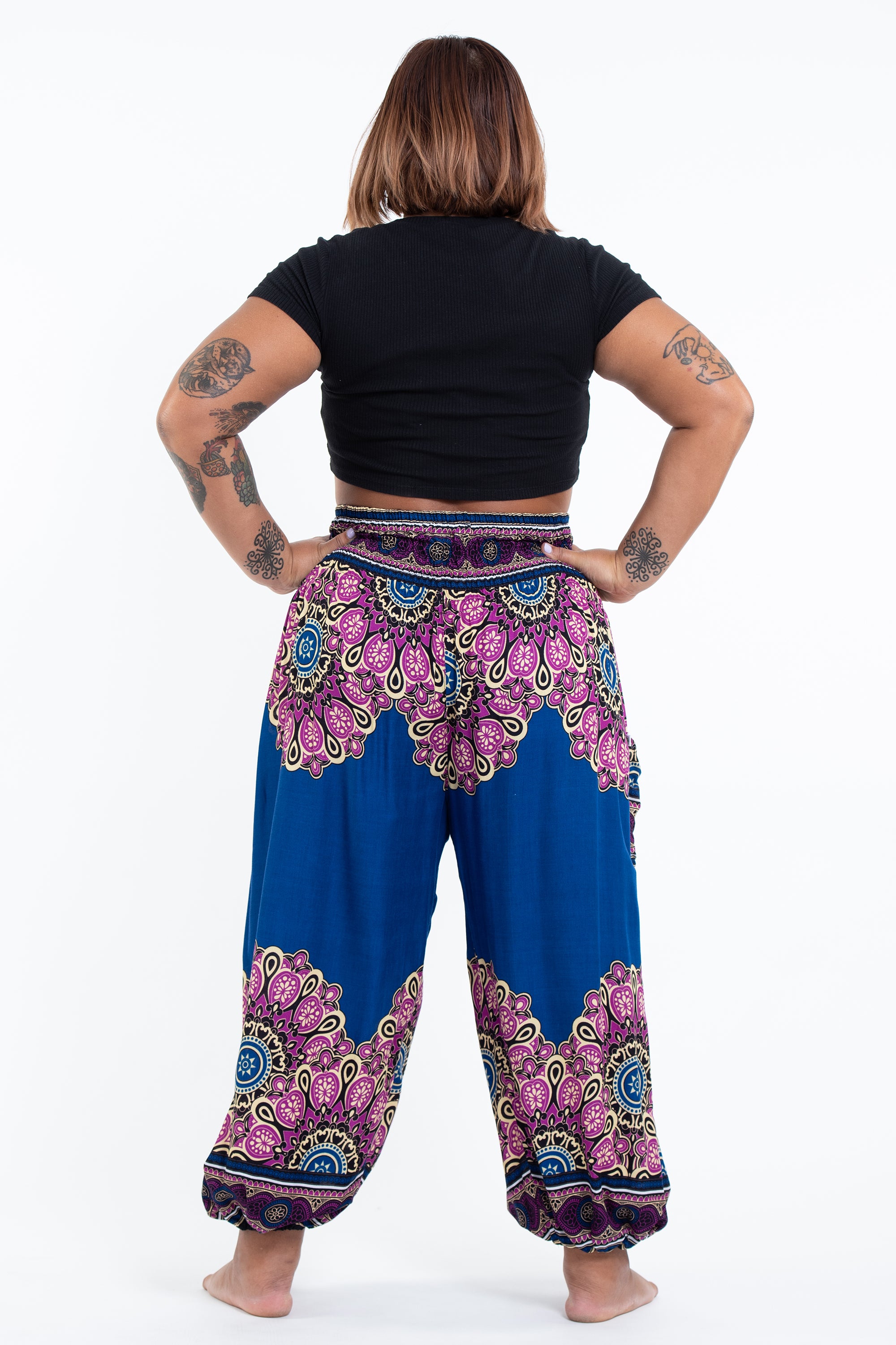 Plus Size Peony Mandalas Women's Harem Pants in Blue