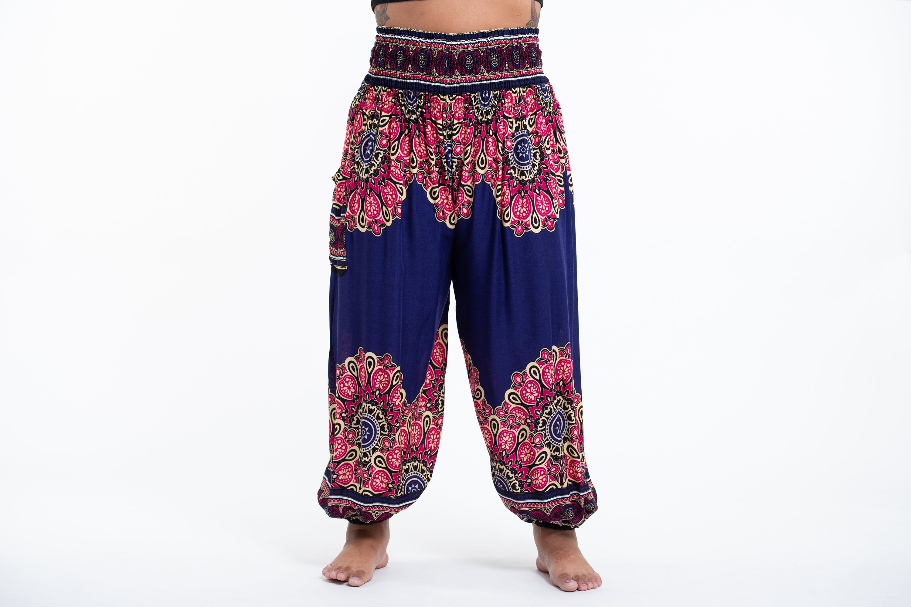 Plus Size Peony Mandalas Women's Harem Pants in Indigo