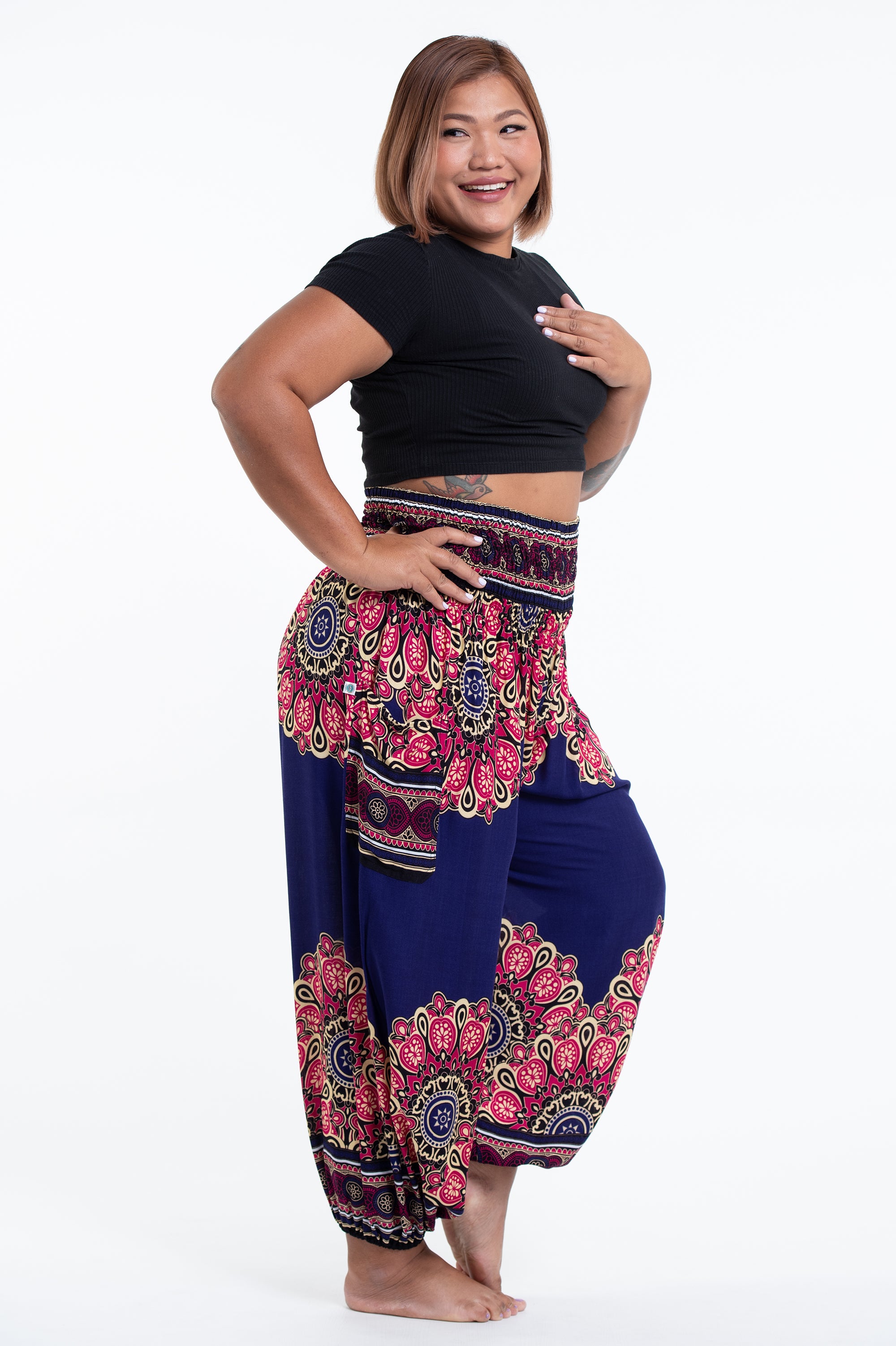 Plus Size Peony Mandalas Women's Harem Pants in Indigo