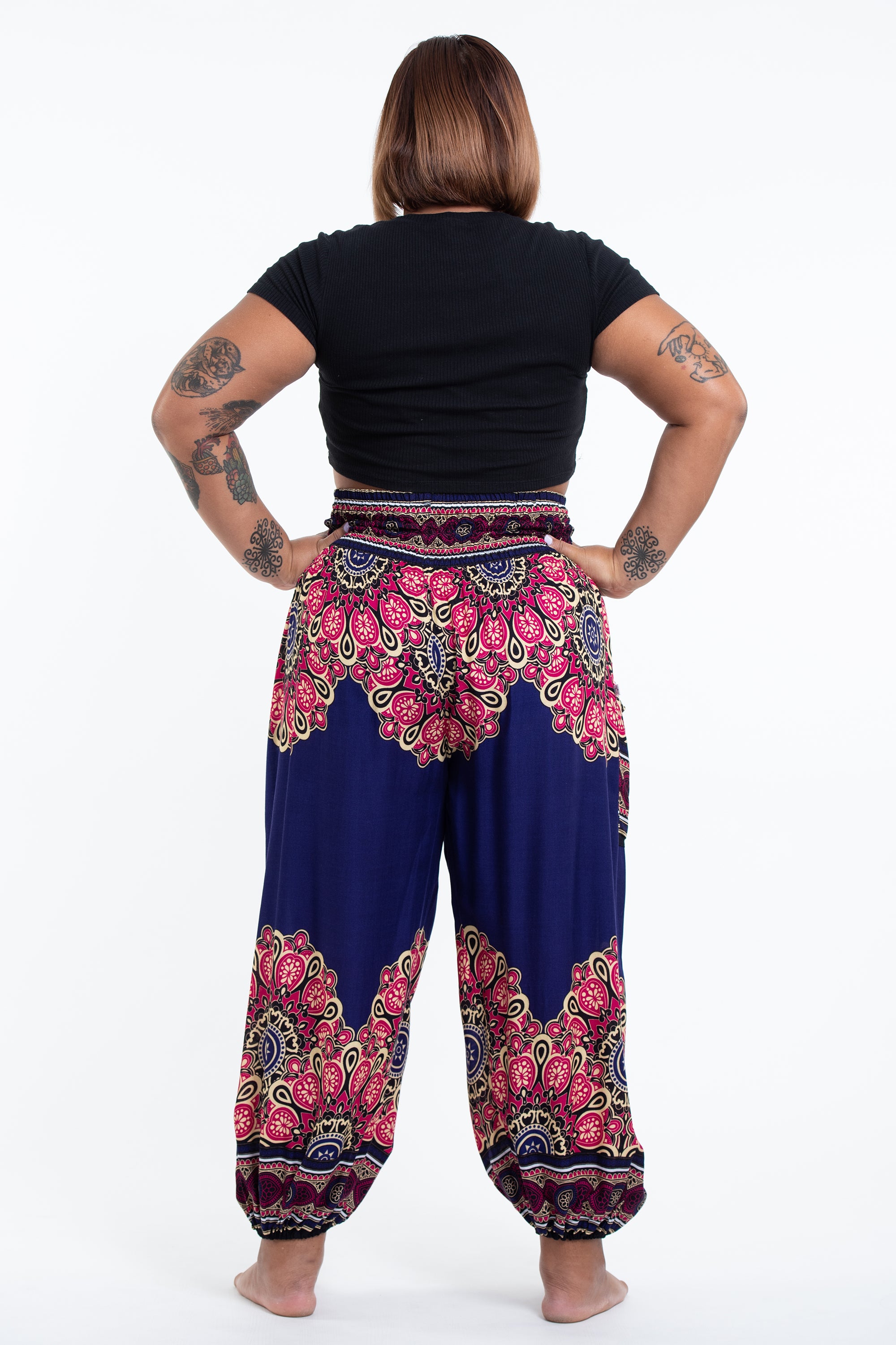 Plus Size Peony Mandalas Women's Harem Pants in Indigo