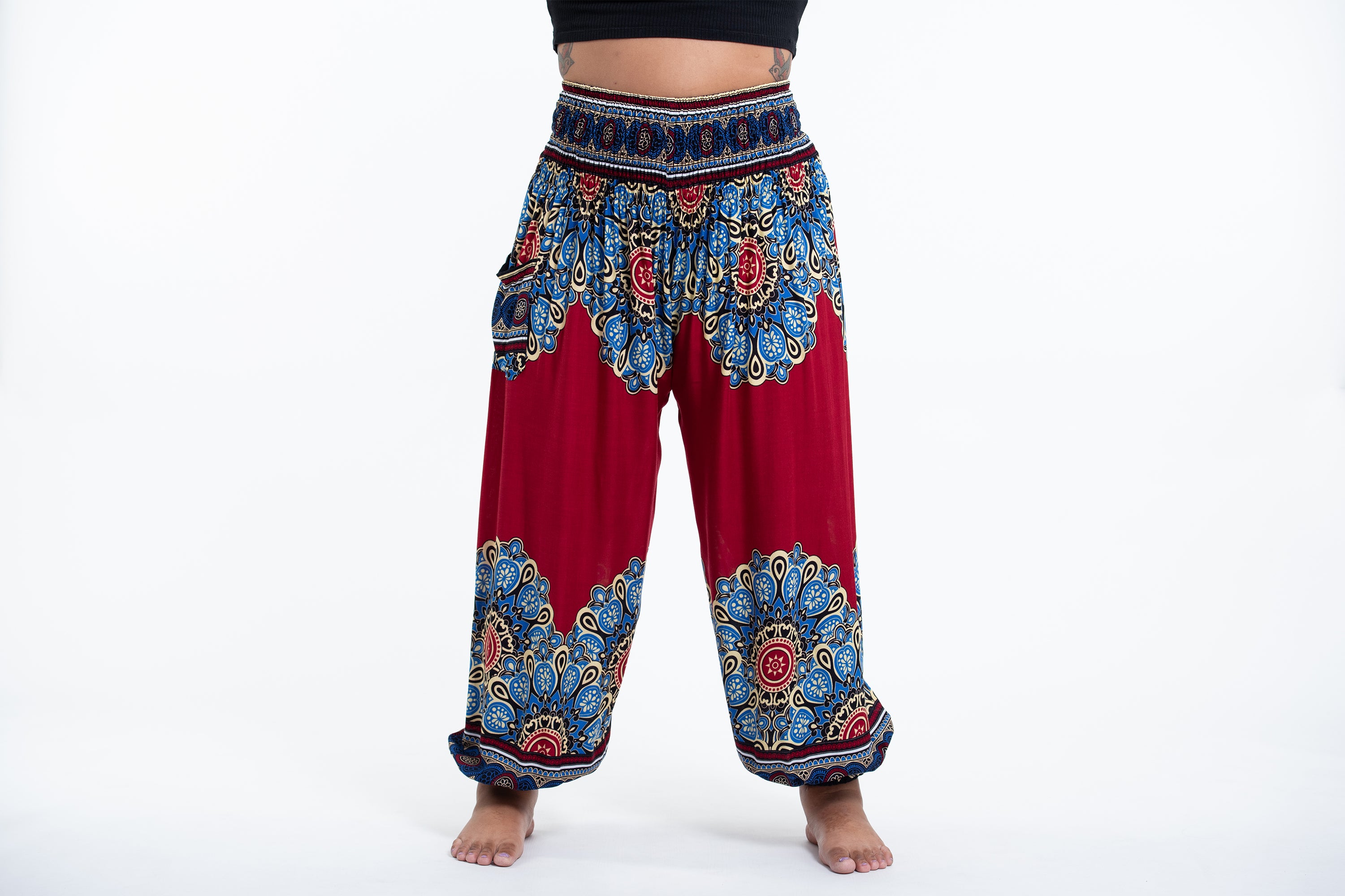 Plus Size Peony Mandalas Women's Harem Pants in Red