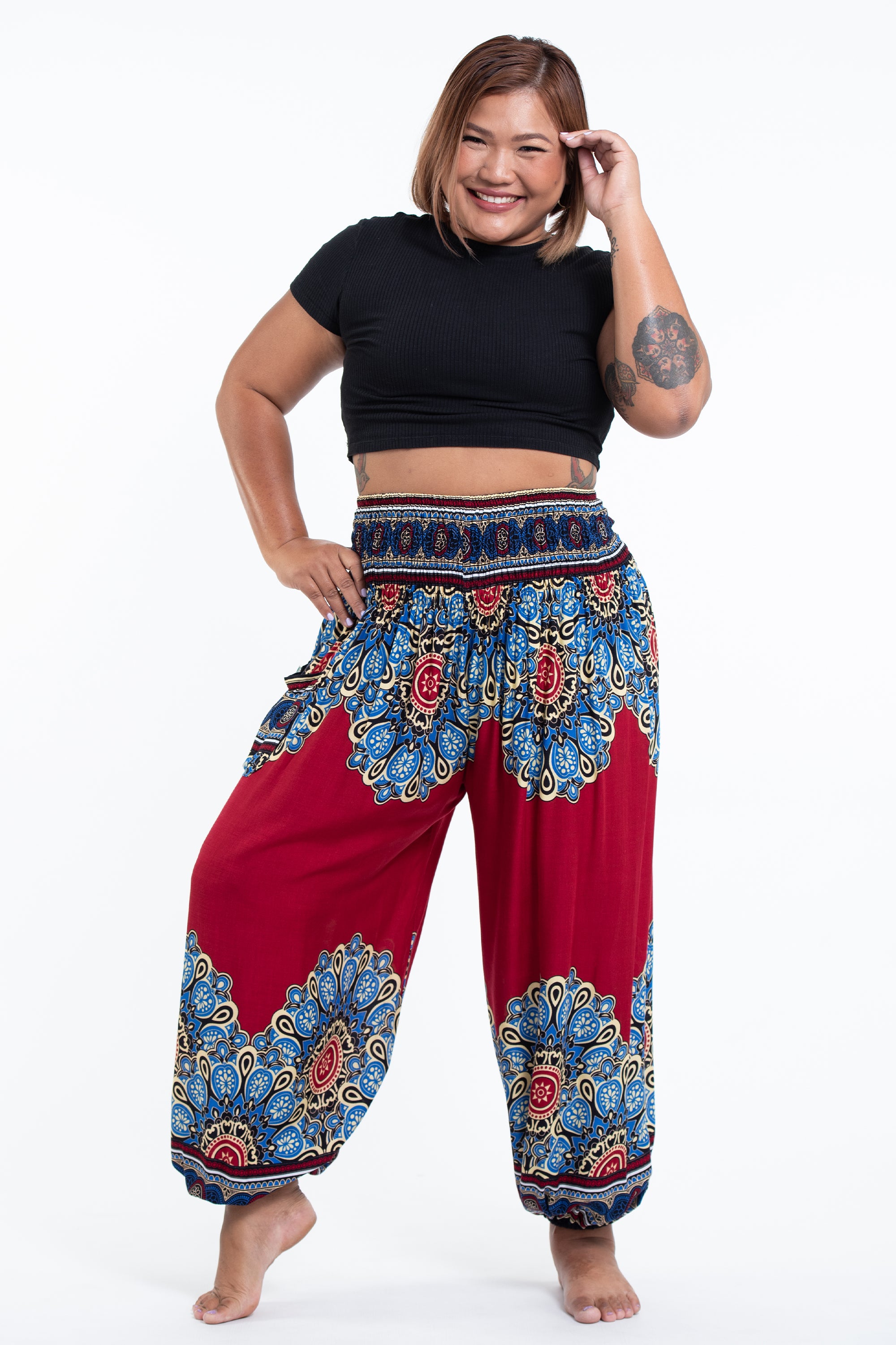 Plus Size Peony Mandalas Women's Harem Pants in Red