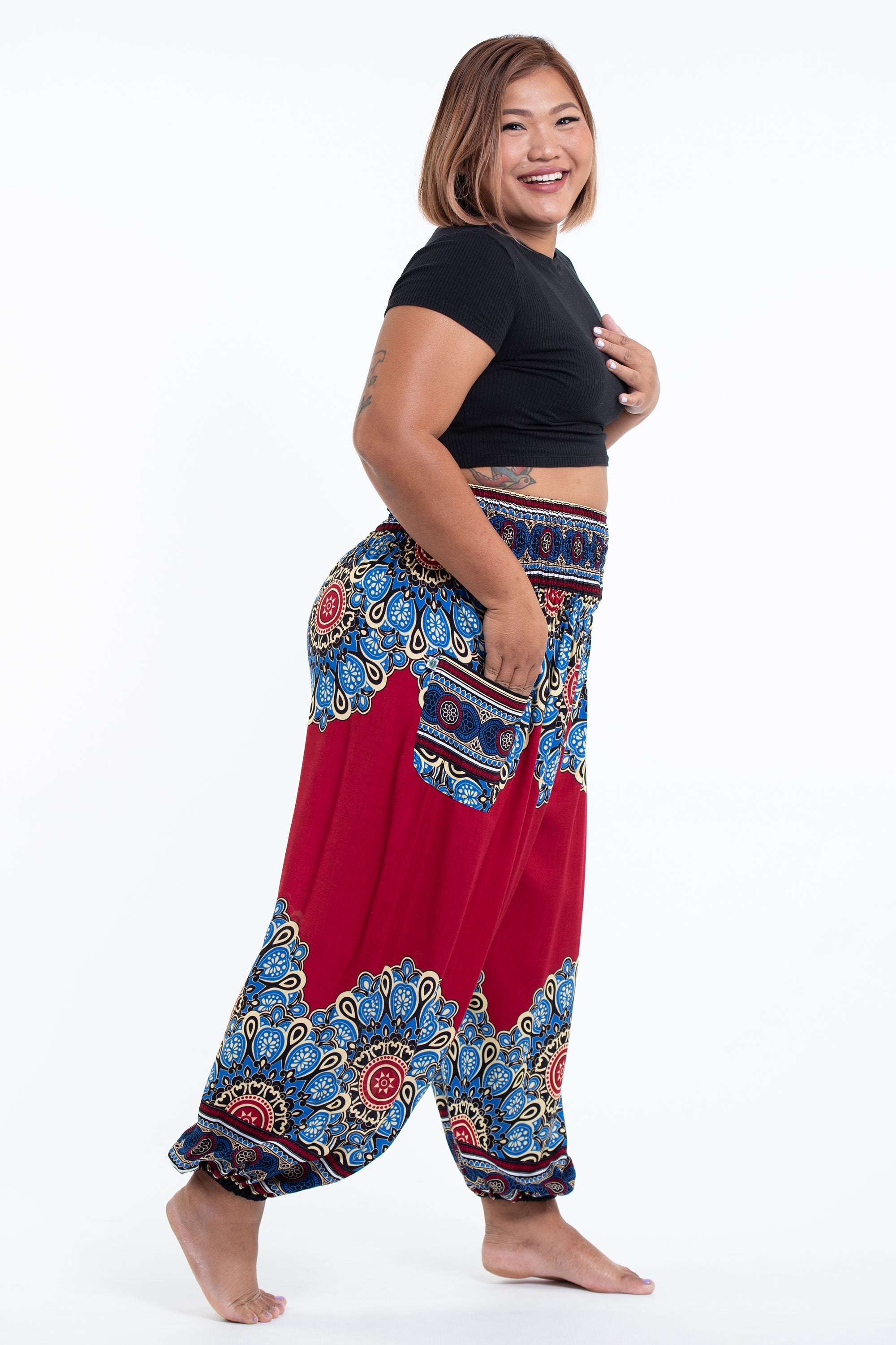 Plus Size Peony Mandalas Women's Harem Pants in Red