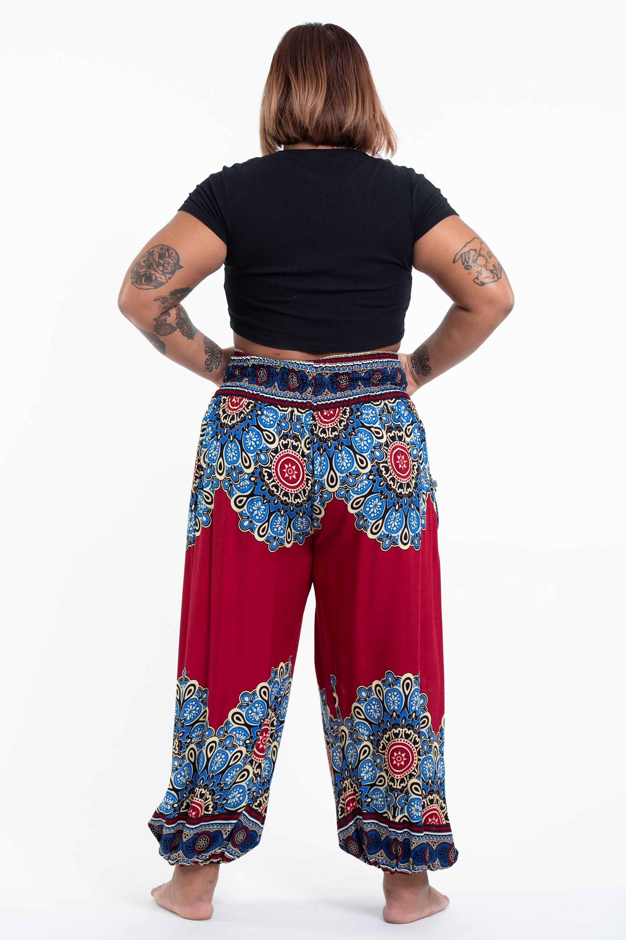 Plus Size Peony Mandalas Women's Harem Pants in Red