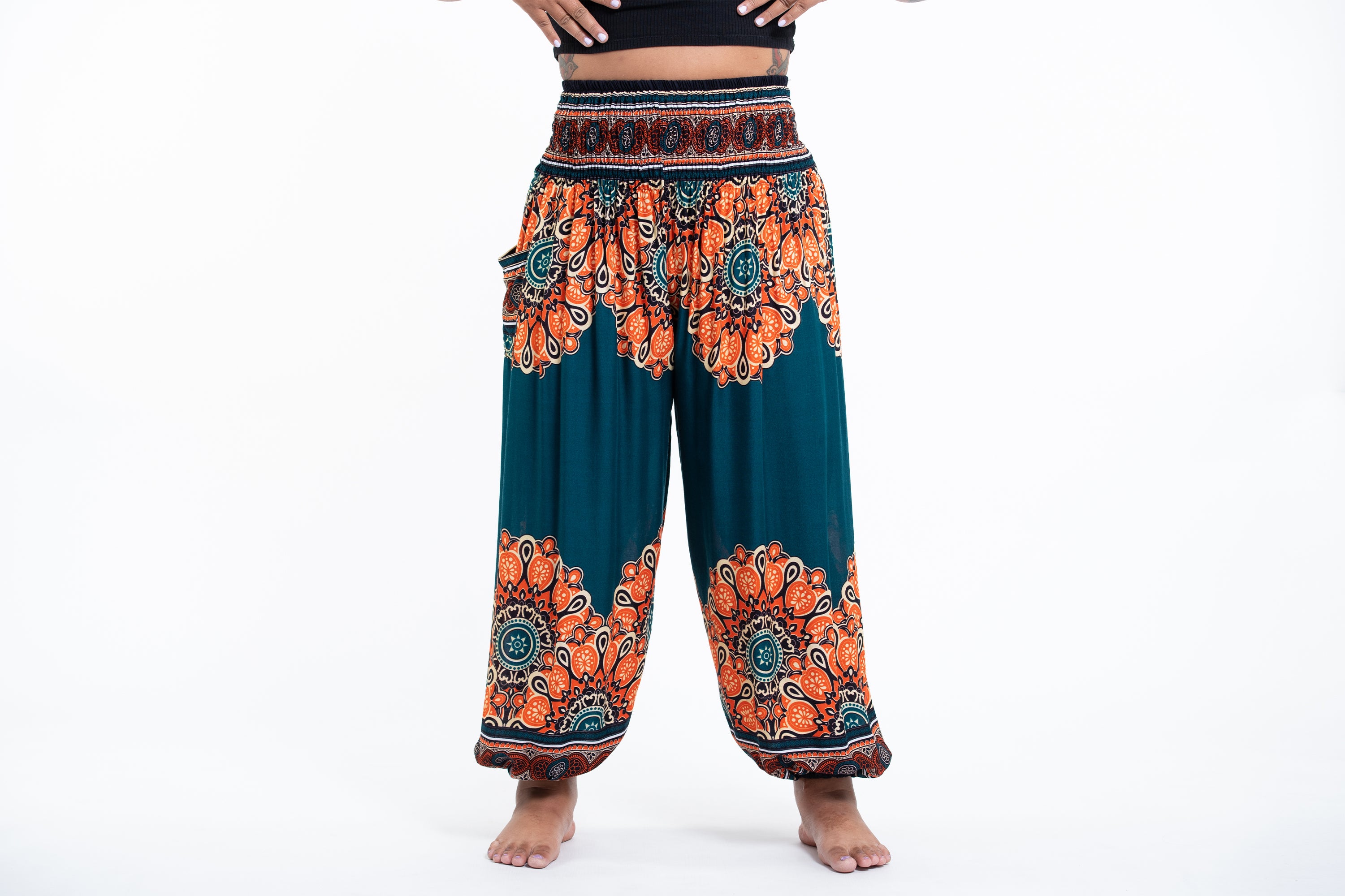 Plus Size Peony Mandalas Women's Harem Pants in Teal