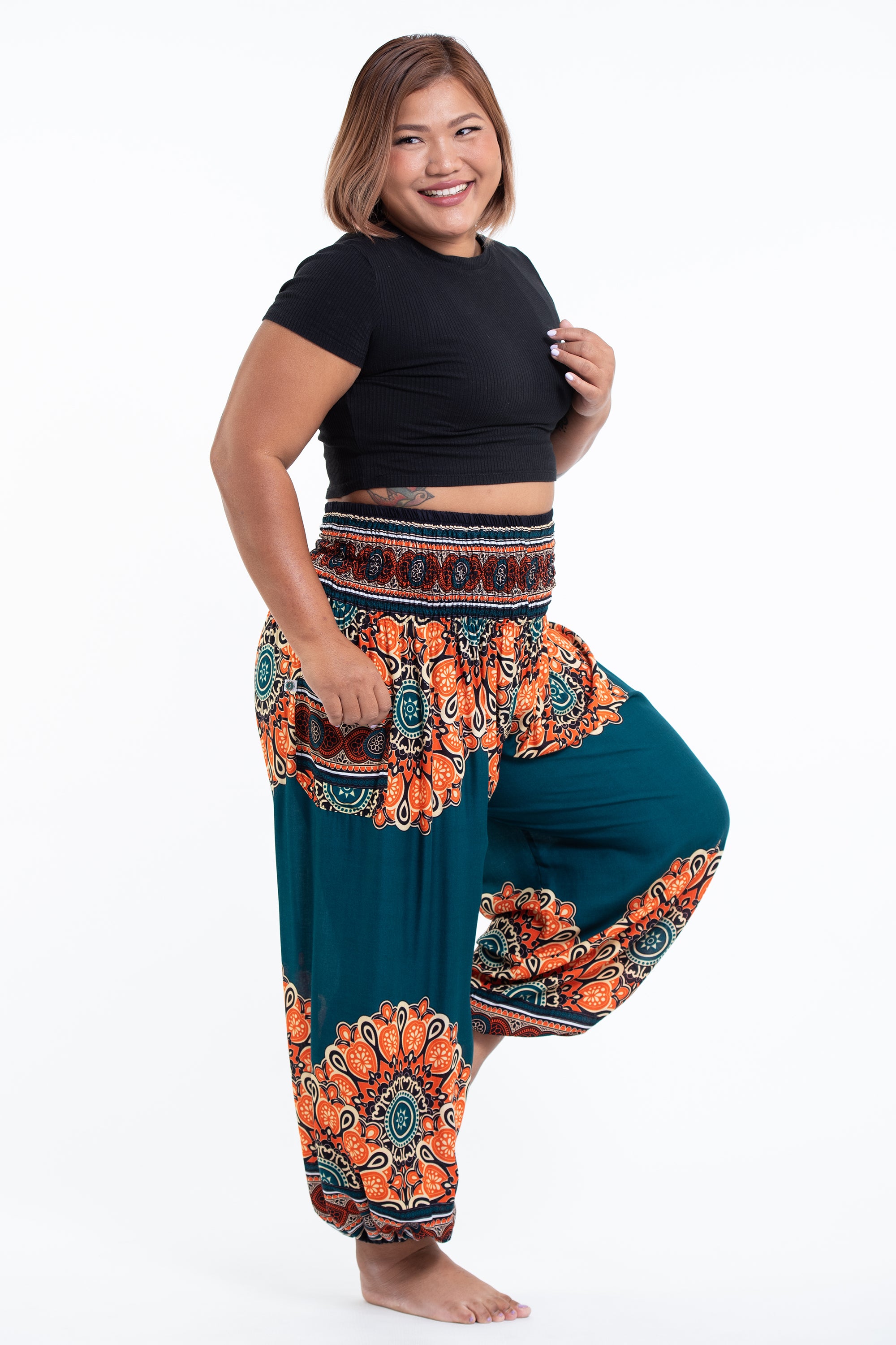 Plus Size Peony Mandalas Women's Harem Pants in Teal