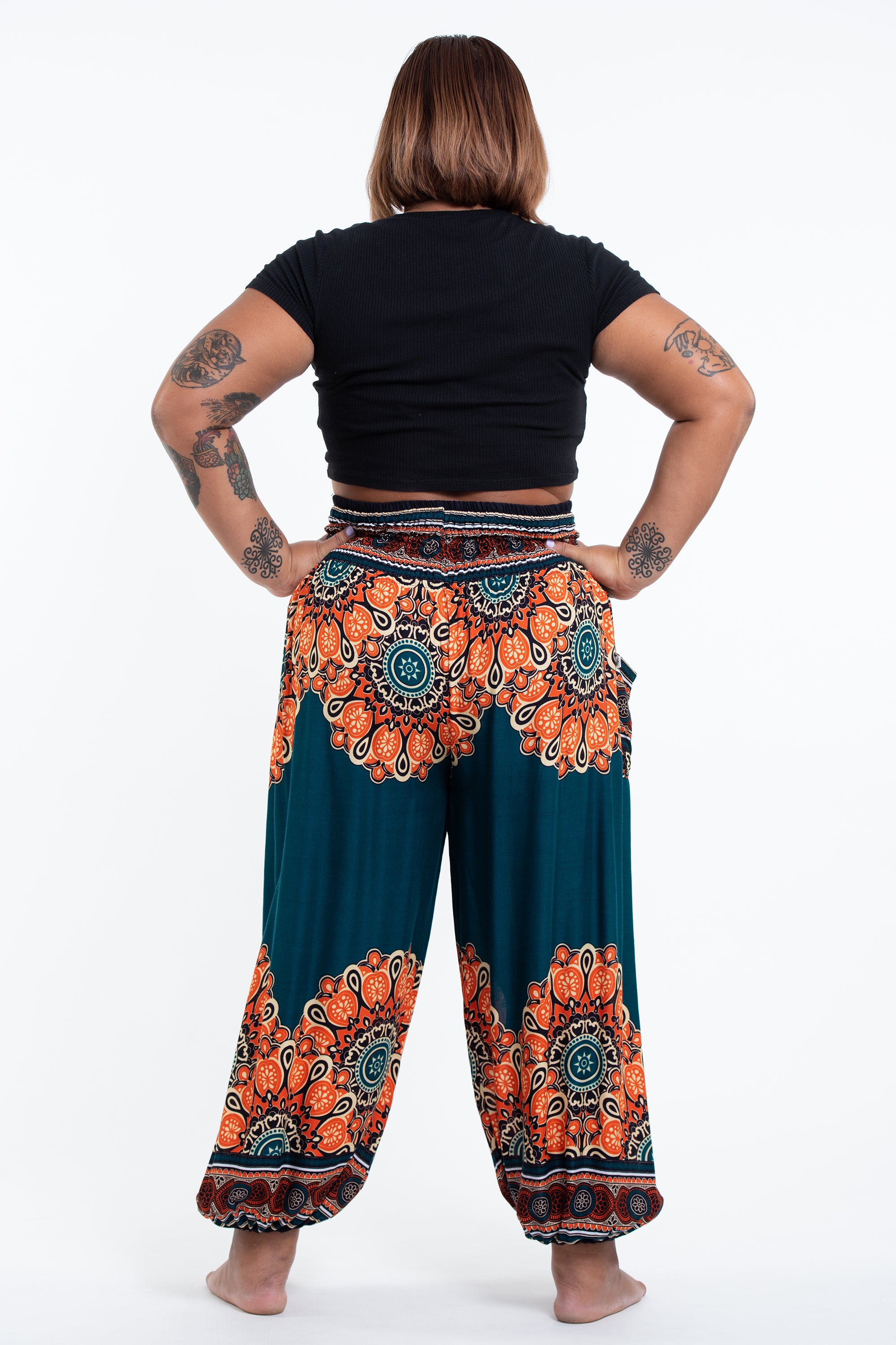 Plus Size Peony Mandalas Women's Harem Pants in Teal