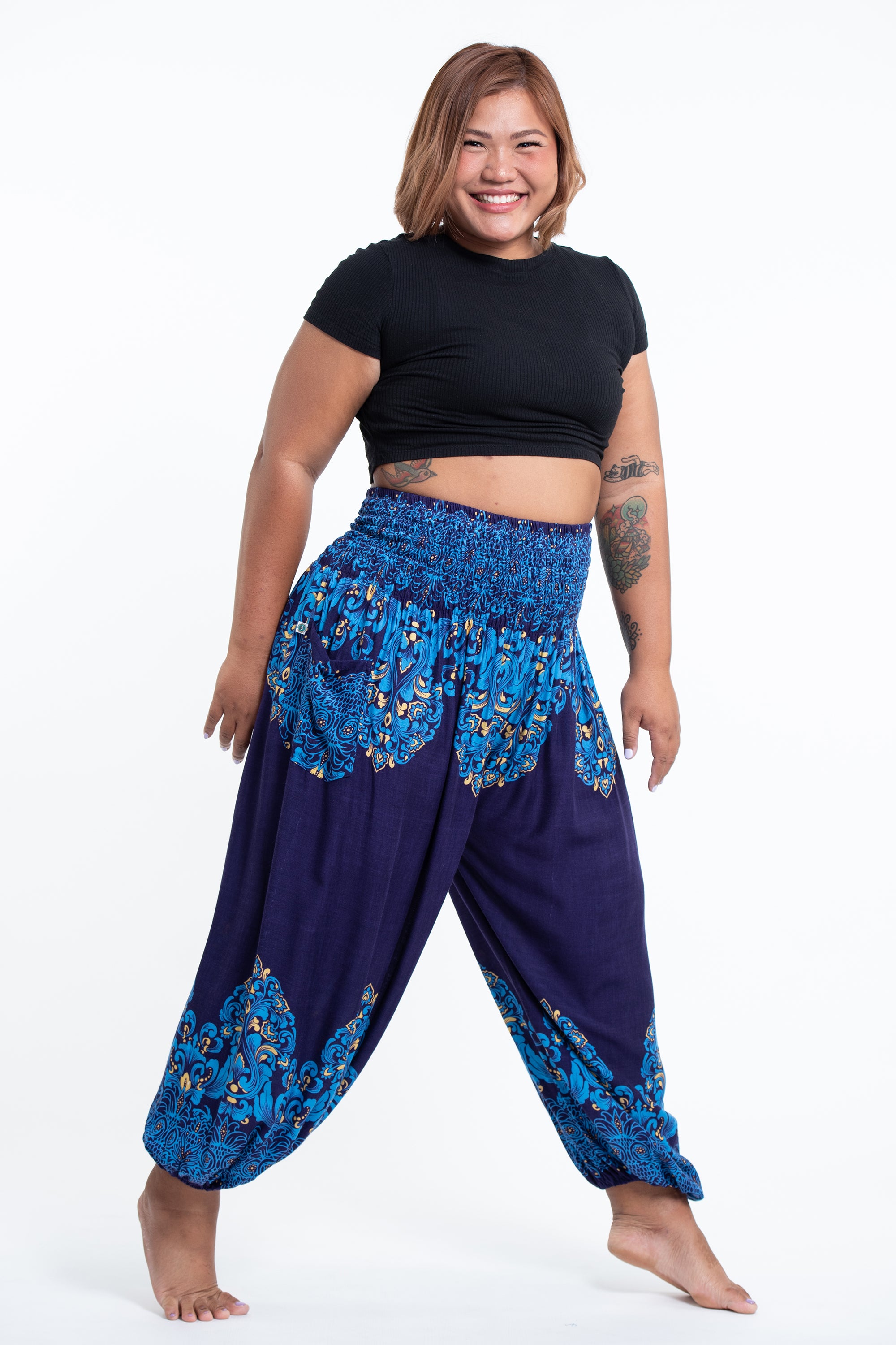 Plus Size Floral Vines Women's Harem Pants in Blue