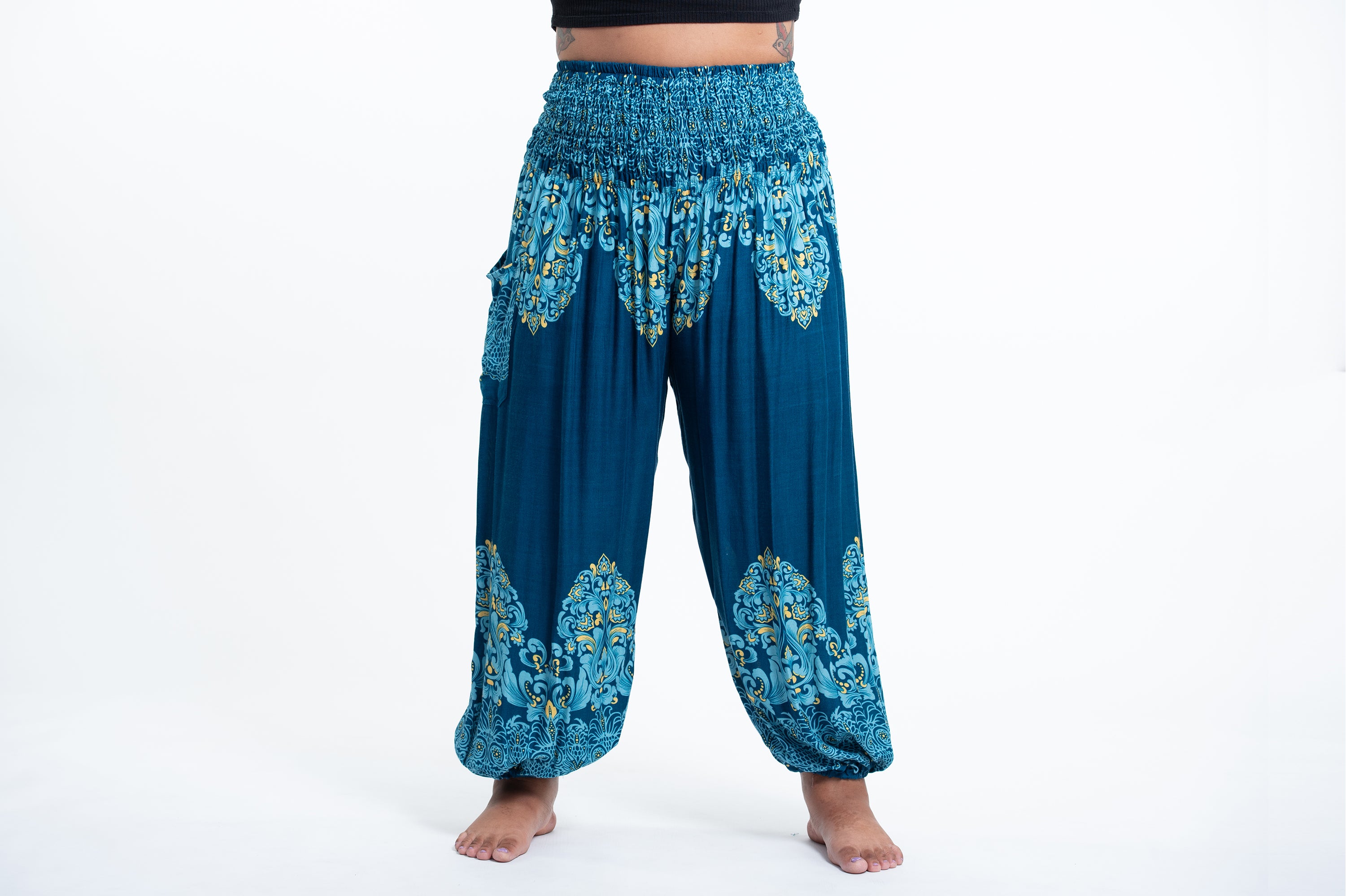 Plus Size Floral Vines Women's Harem Pants in Turquoise