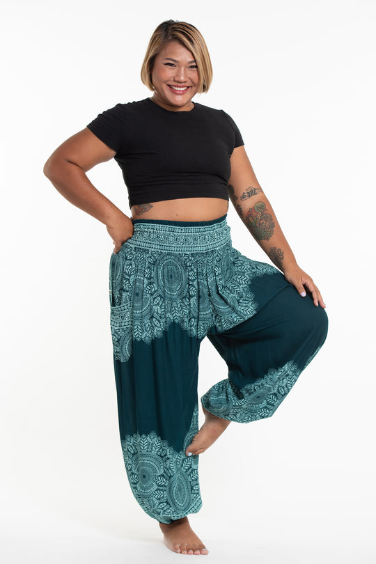Plus Size Floral Mandalas Women's Harem Pants in Teal