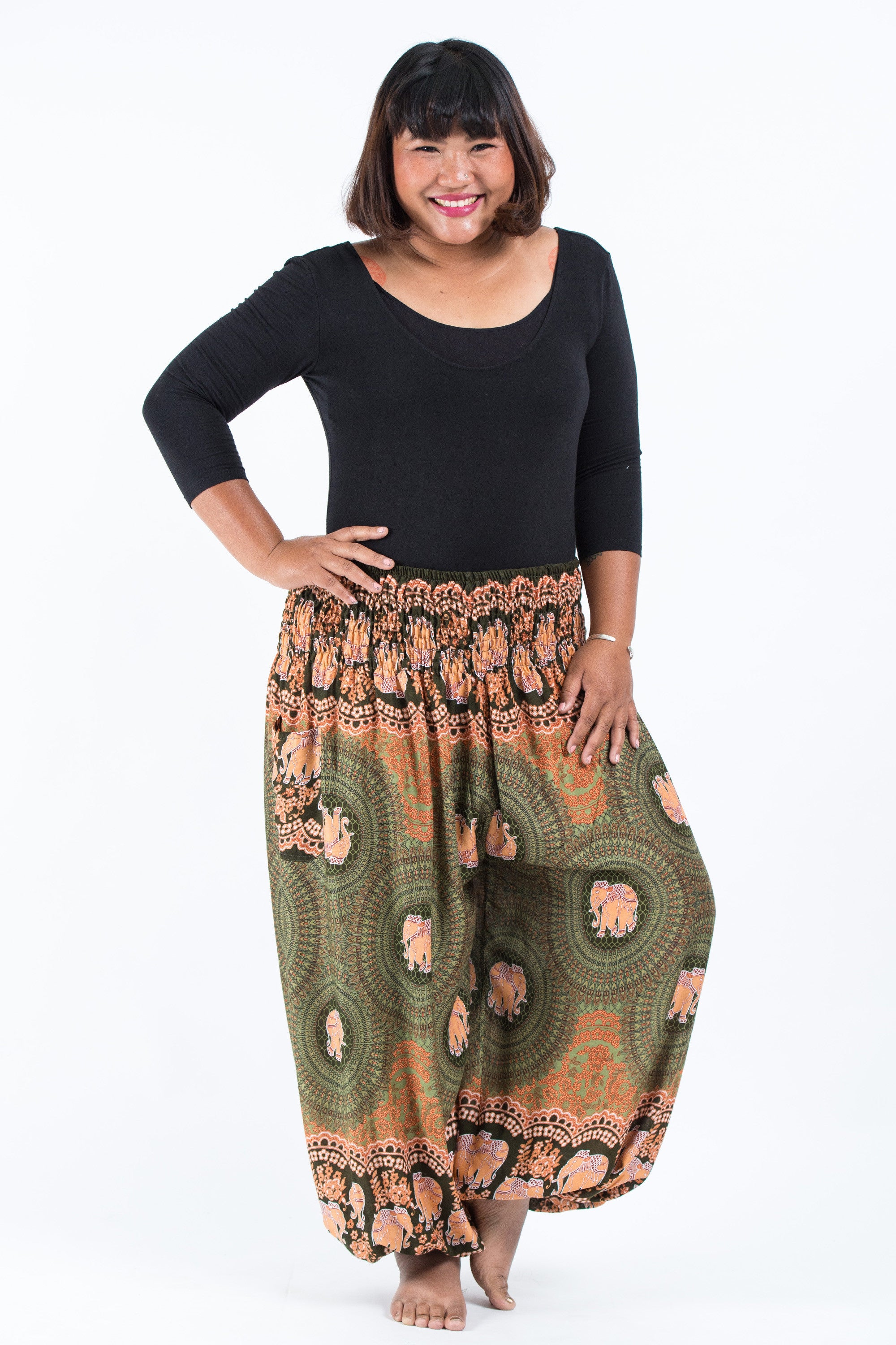Plus Size Mandala Elephant Women's Elephant Pants in Olive