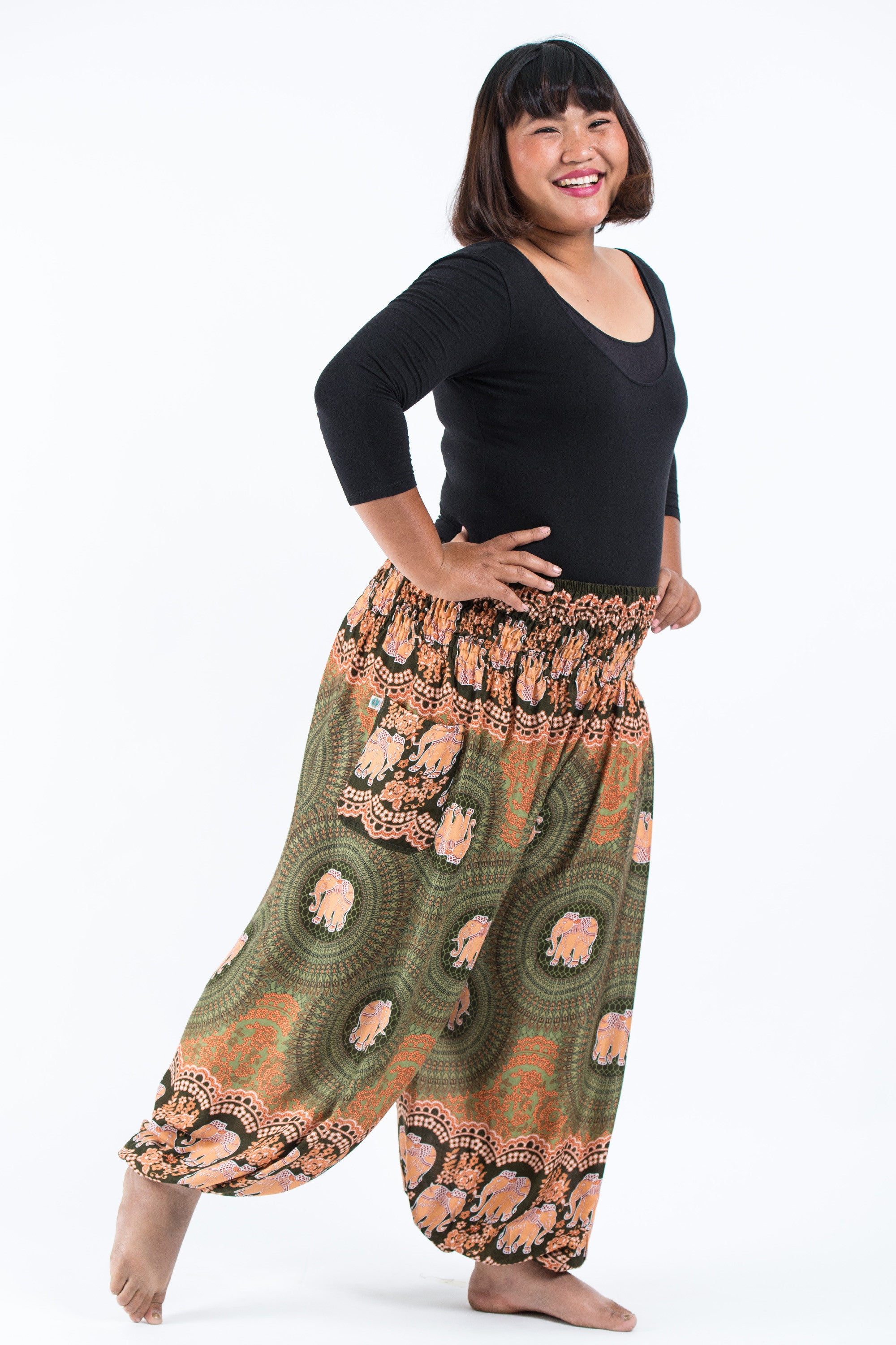 Plus Size Mandala Elephant Women's Elephant Pants in Olive