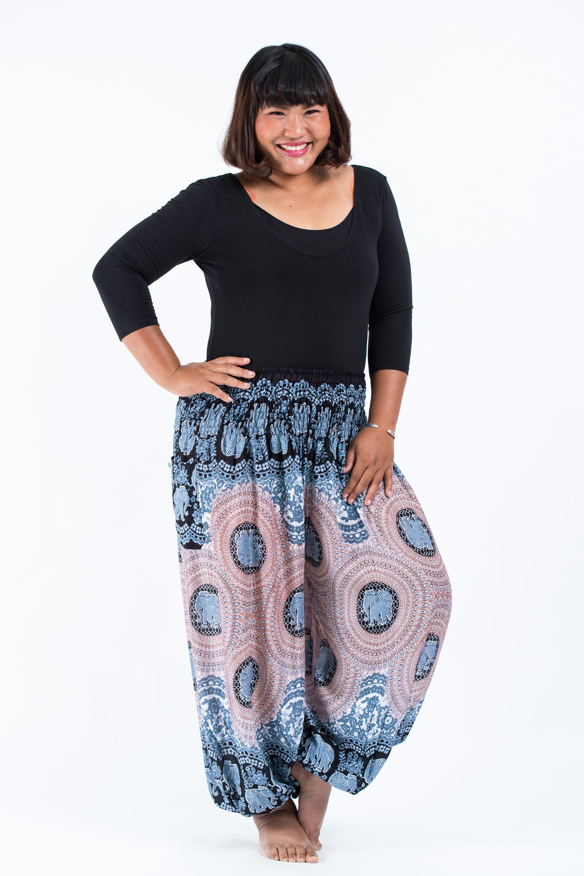 Plus Size Mandala Elephant Women's Elephant Pants in Silver Gray
