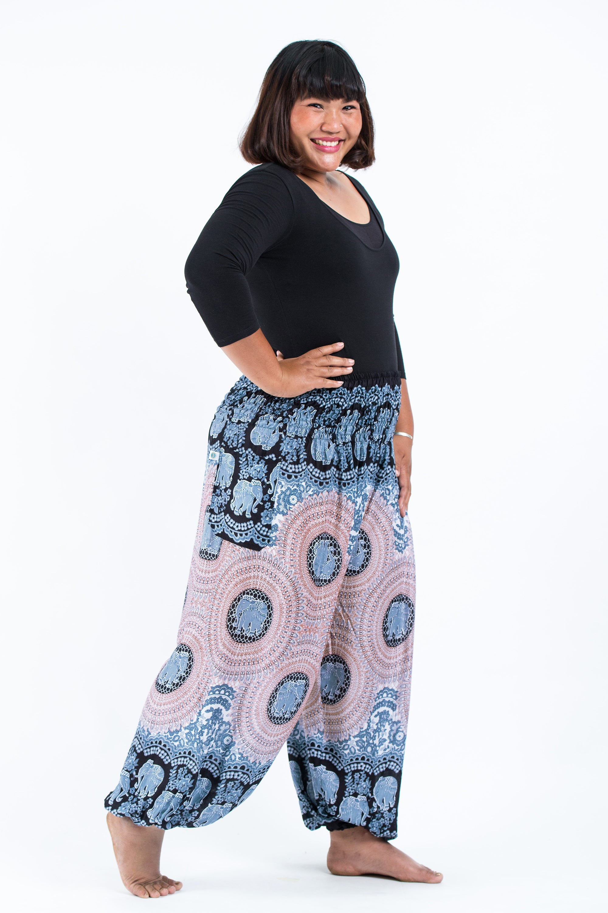 Plus Size Mandala Elephant Women's Elephant Pants in Silver Gray