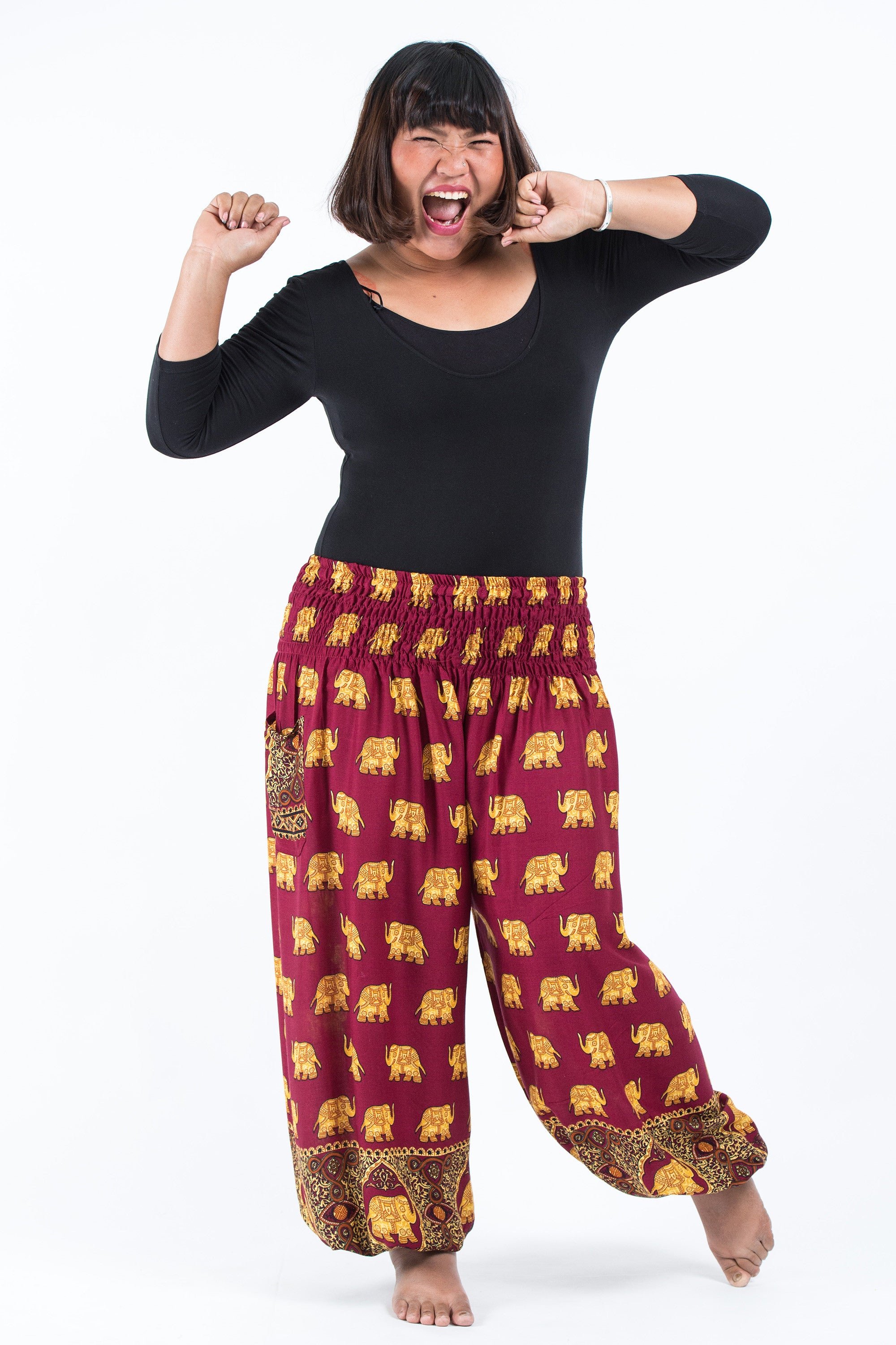 Plus Size Golden Elephant Women's Elephant Pants in Maroon