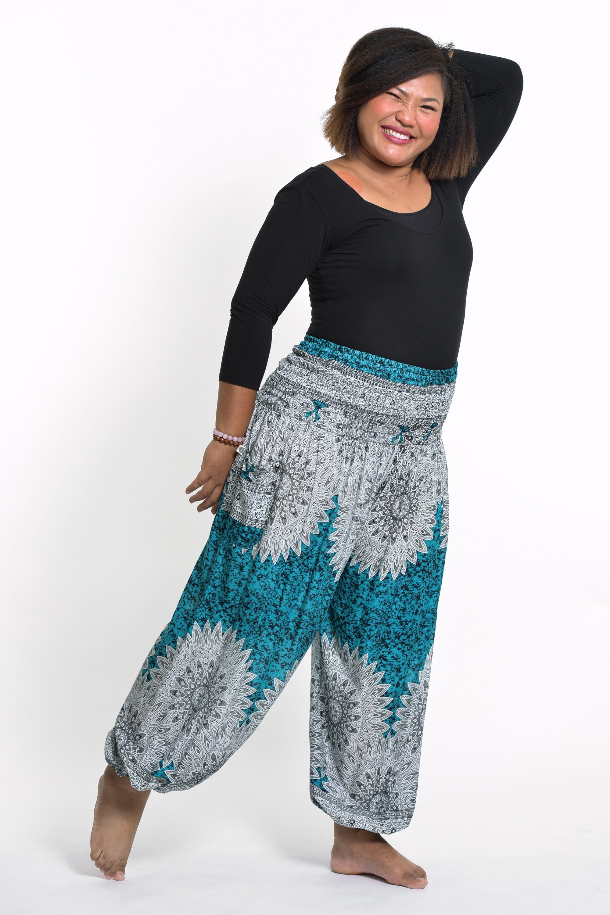 Plus Size Marble Mandalas Women's Harem Pants in Turquoise