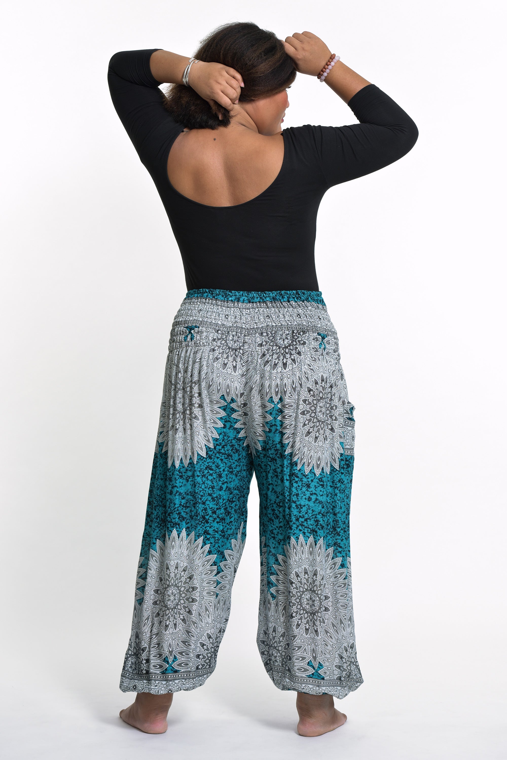 Plus Size Marble Mandalas Women's Harem Pants in Turquoise