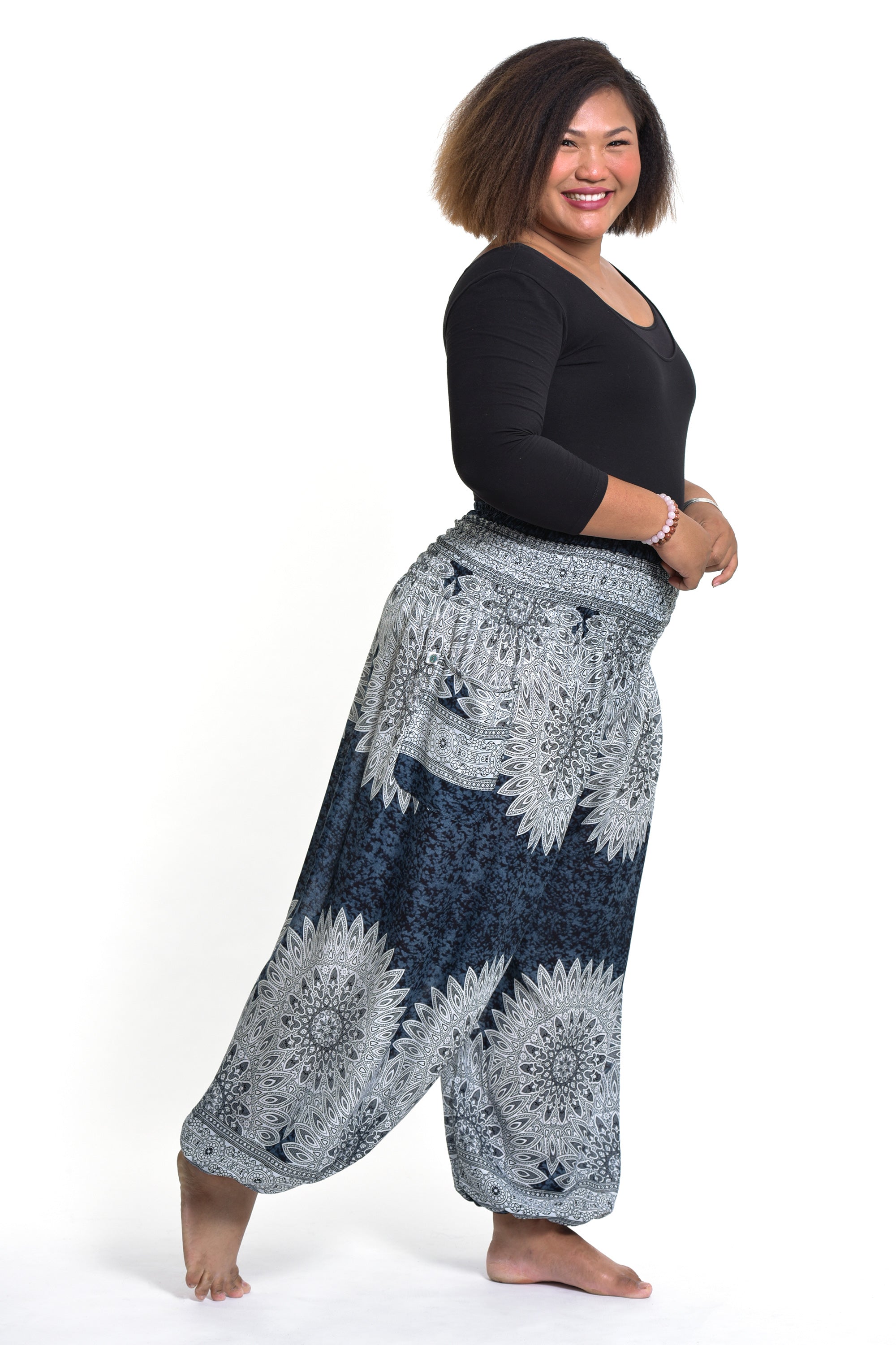 Plus Size Marble Mandalas Women's Harem Pants in Indigo