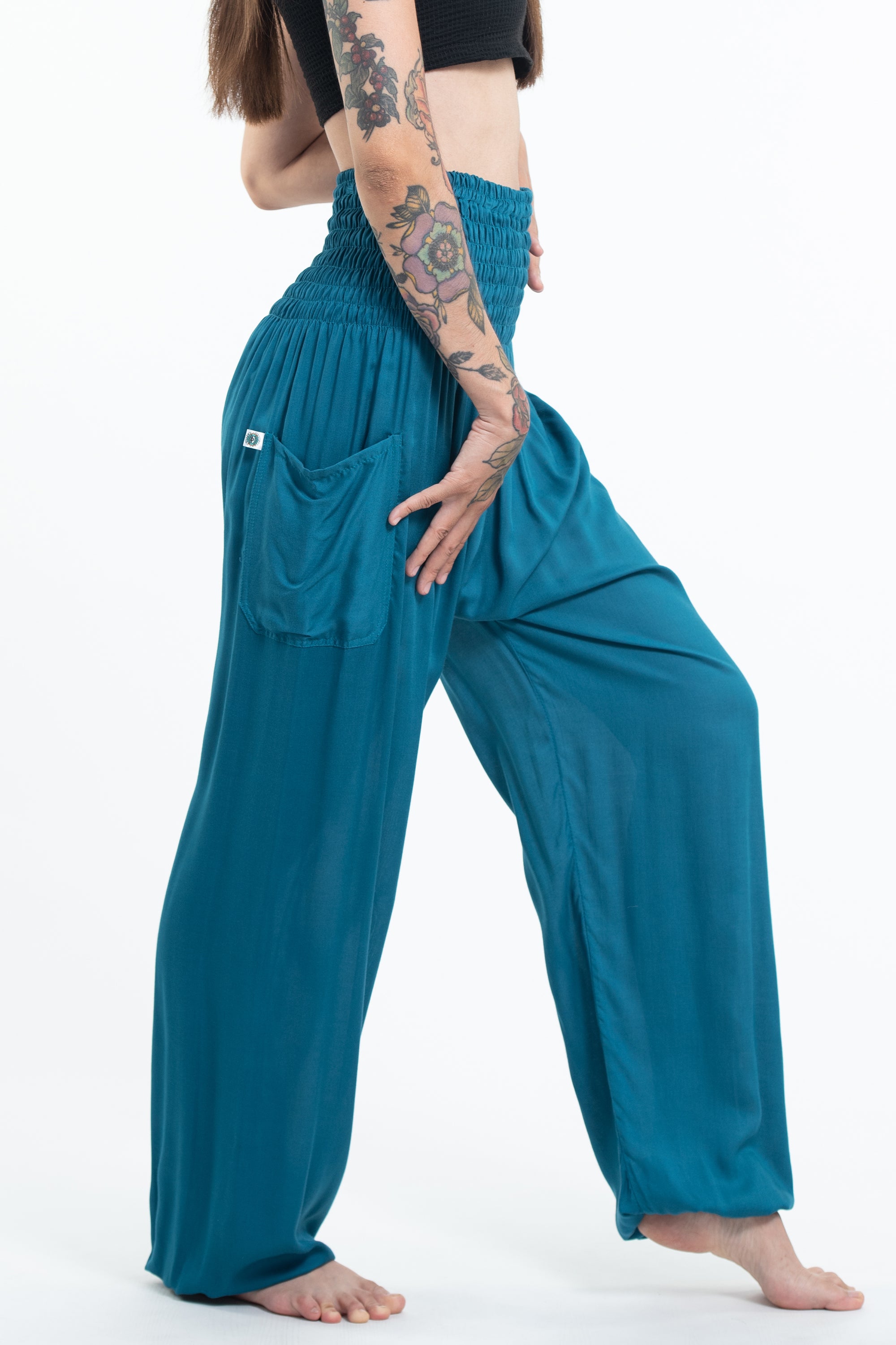 Solid Color Women's Tall Harem Pants in Aqua Blue