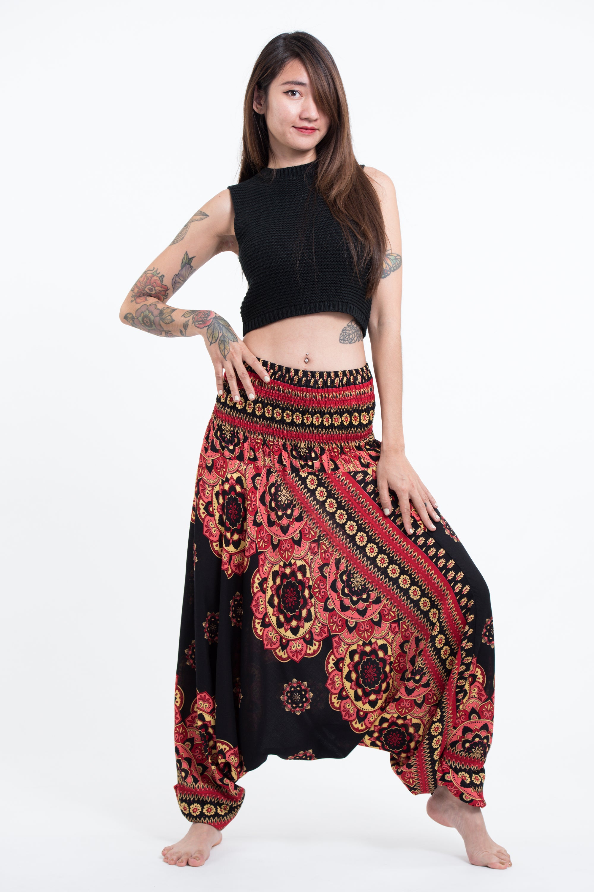 Lotus Mandalas 2-in-1 Jumpsuit Harem Pants in Black