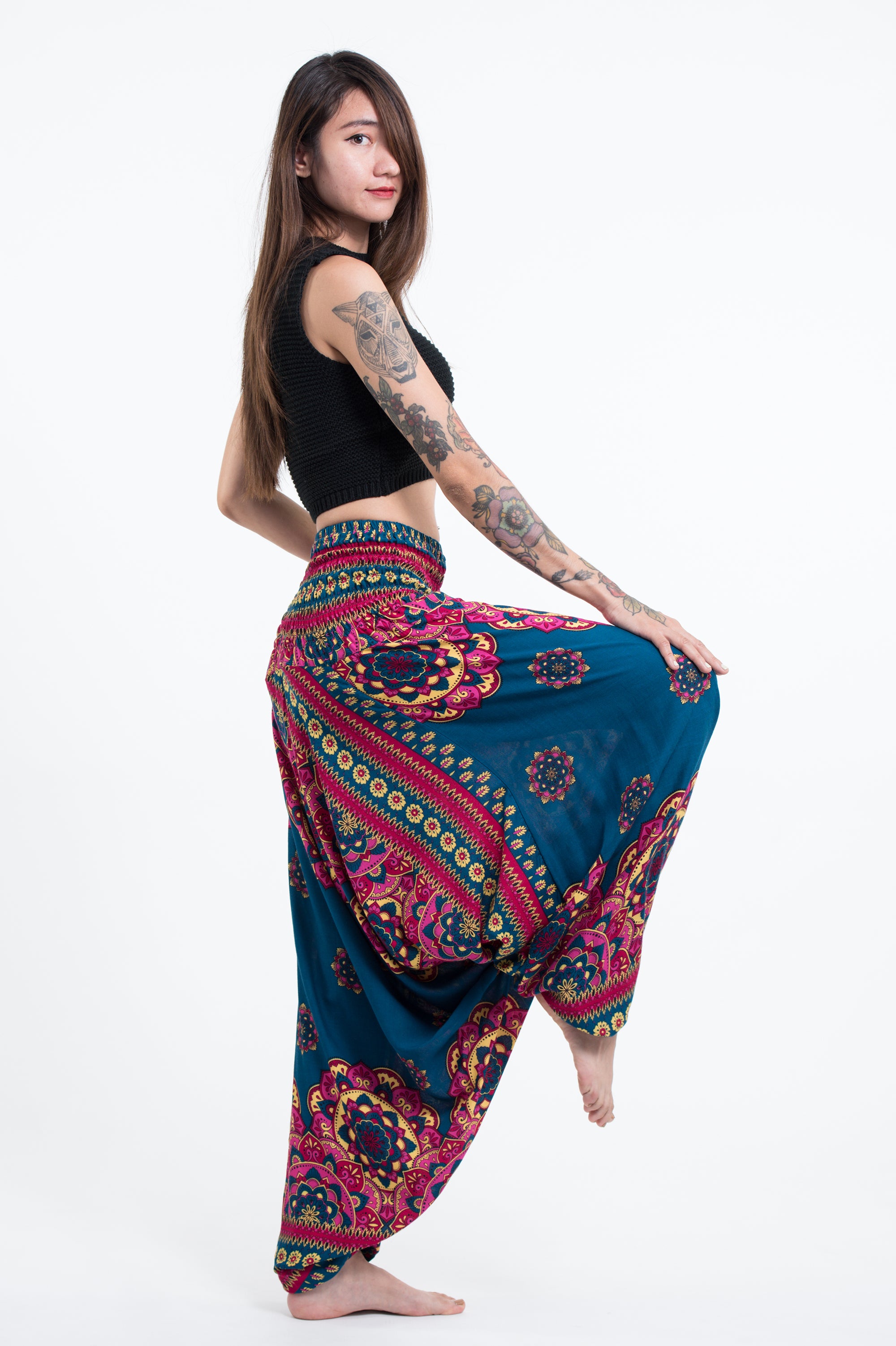 Lotus Mandalas 2-in-1 Jumpsuit Harem Pants in Turquoise