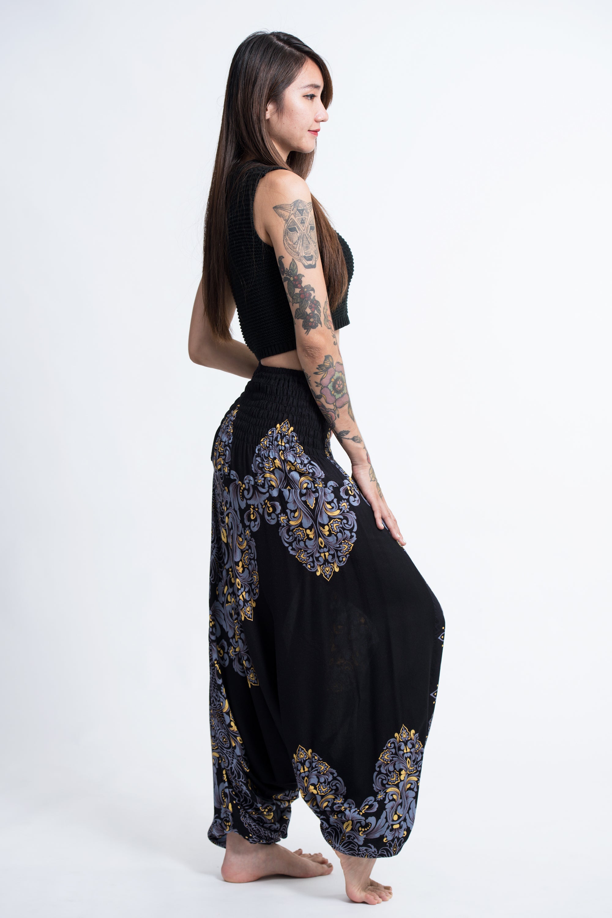 Floral Vines 2-in-1 Jumpsuit Harem Pants in Black