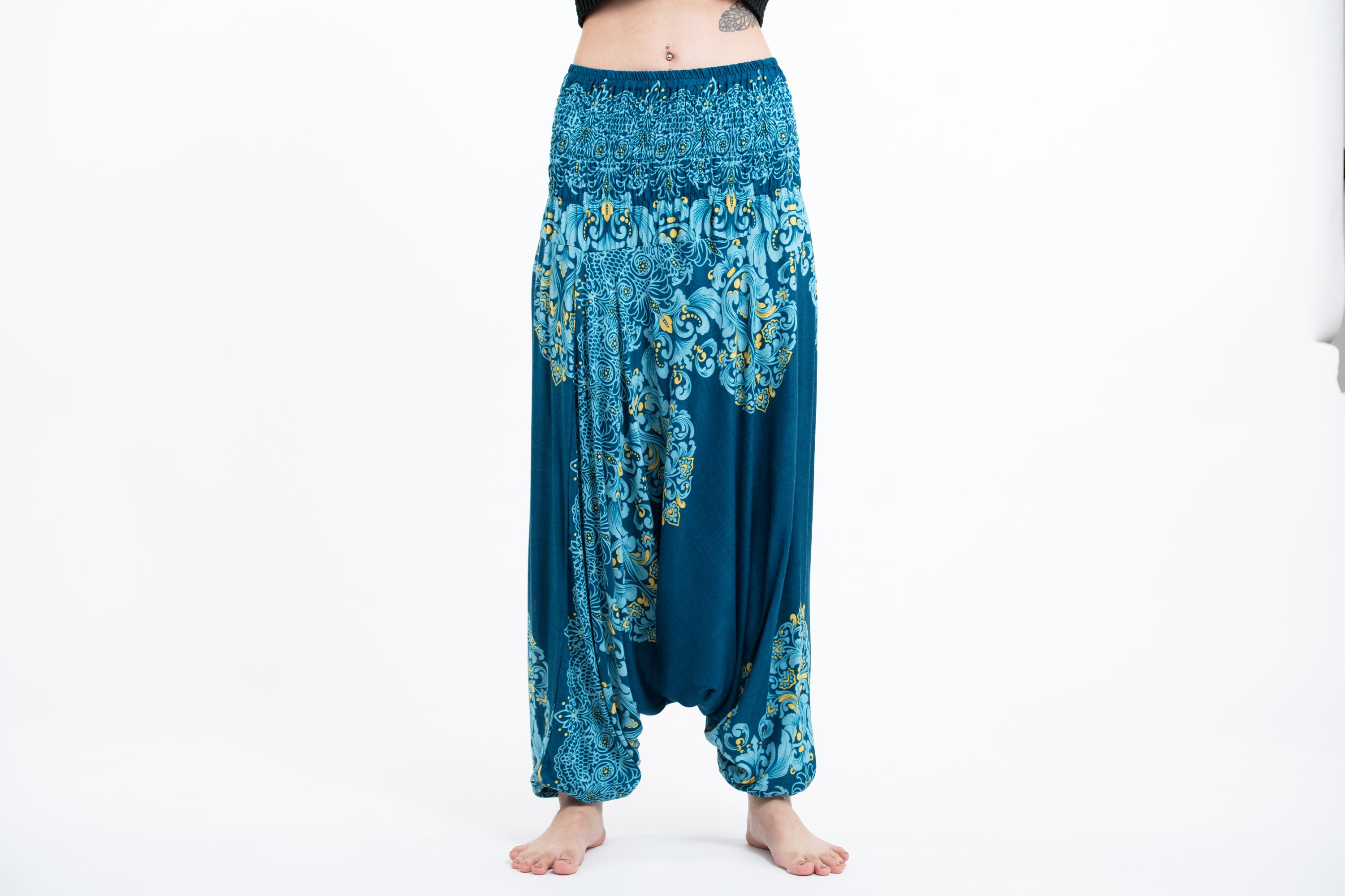 Floral Vines 2-in-1 Jumpsuit Harem Pants in Turquoise