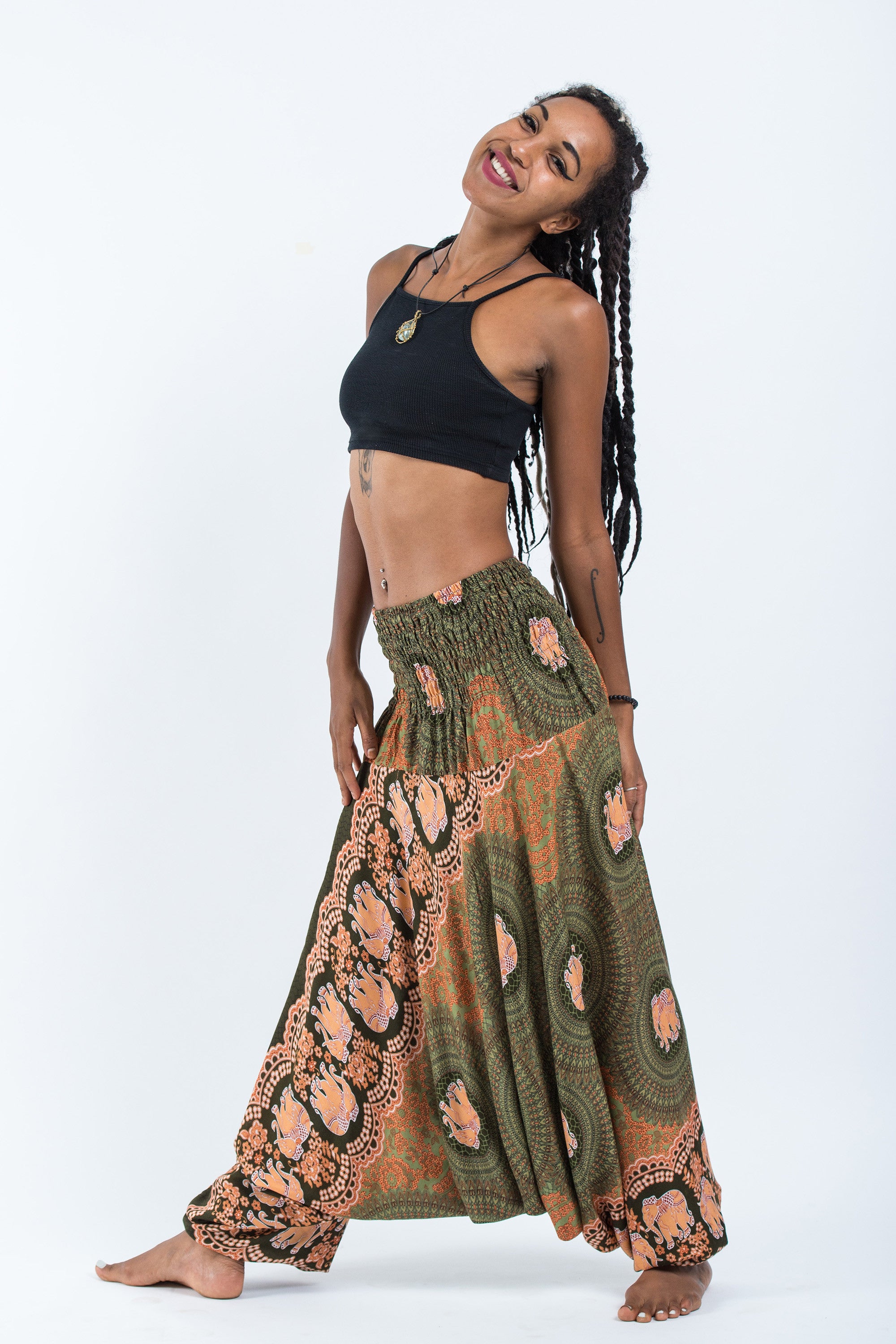 Mandala Elephant 2-in-1 Jumpsuit Elephant Pants in Olive