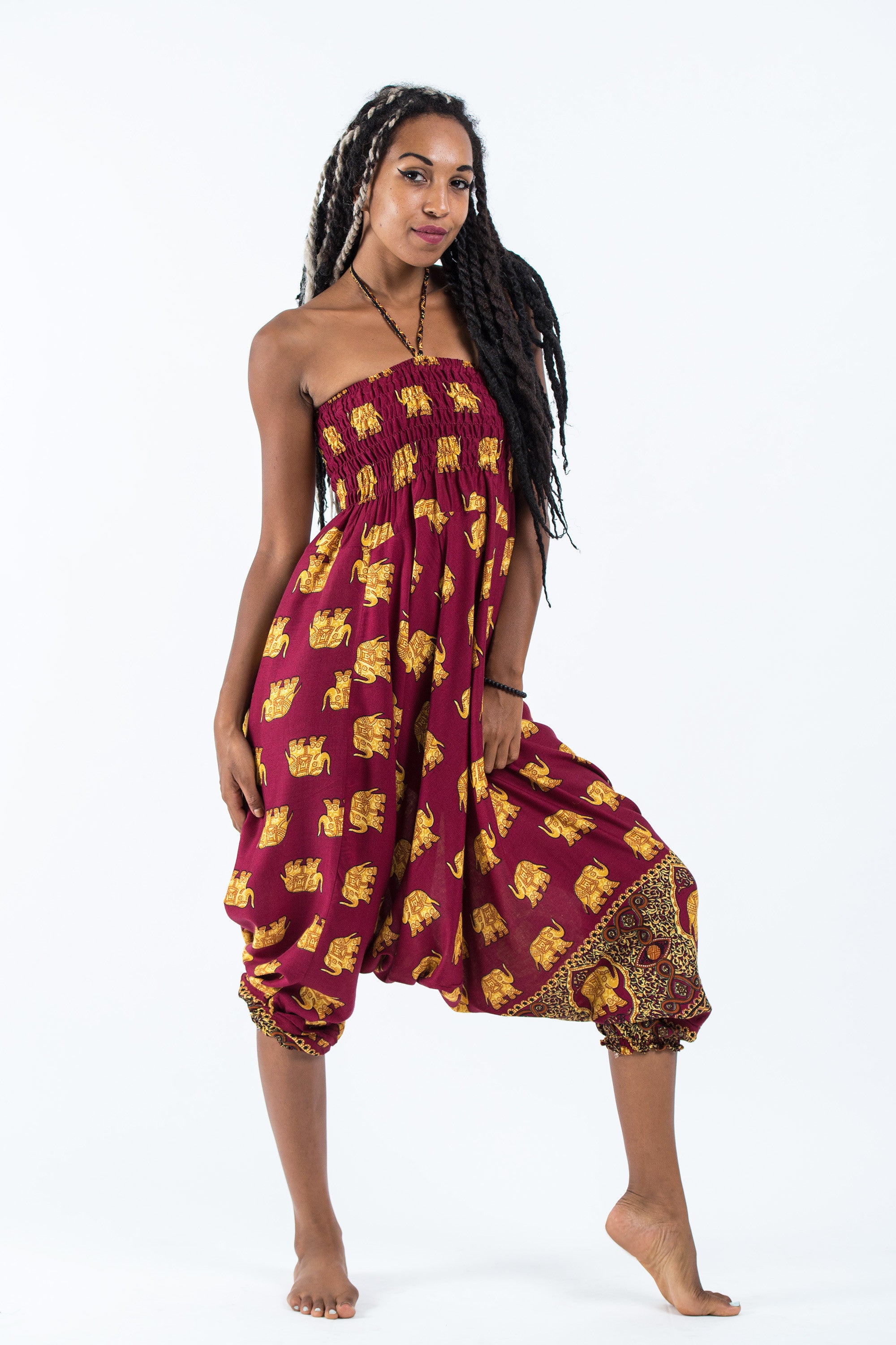 Golden Elephant 2-in-1 Jumpsuit Elephant Pants in Maroon