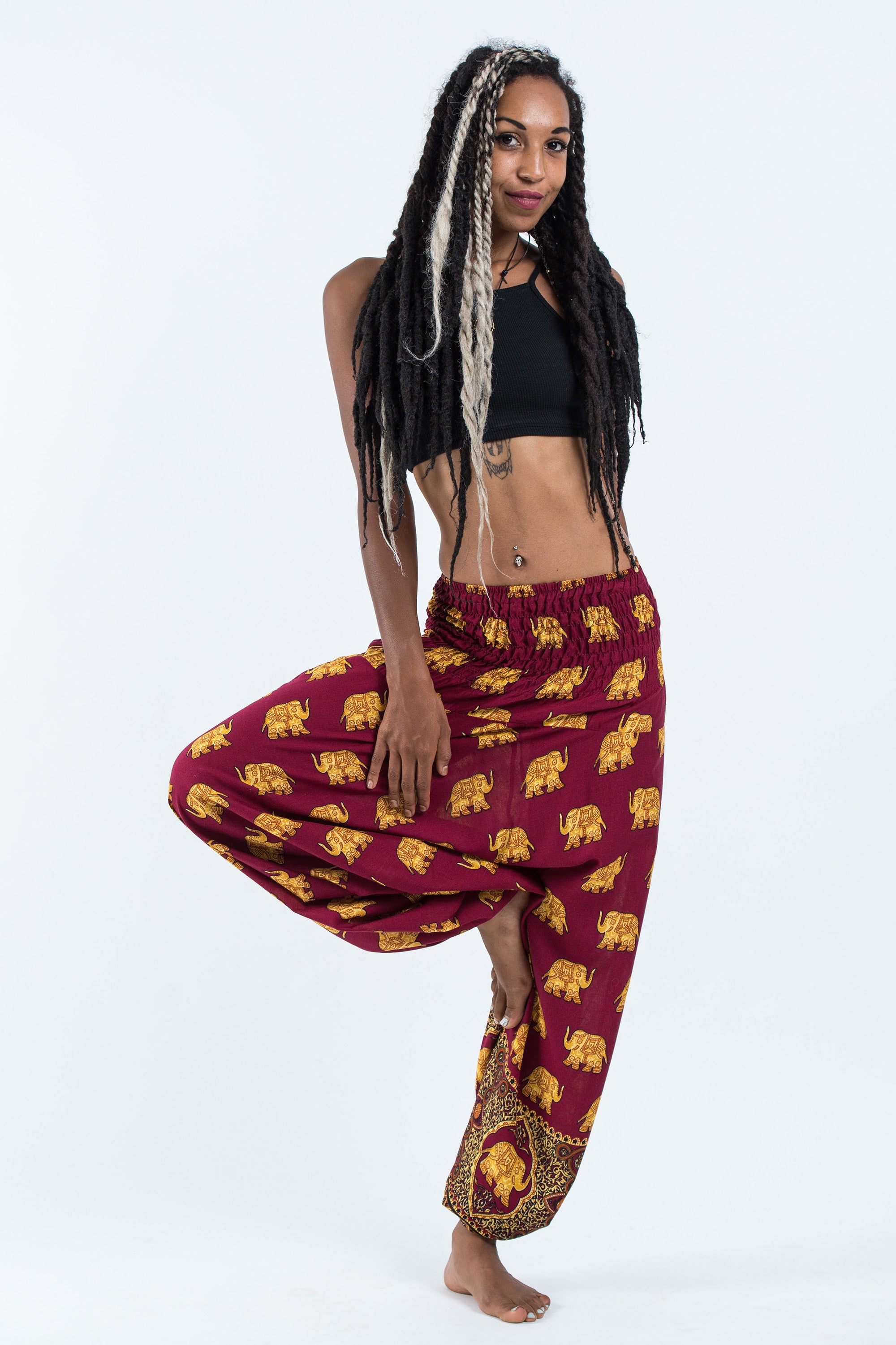 Golden Elephant 2-in-1 Jumpsuit Elephant Pants in Maroon