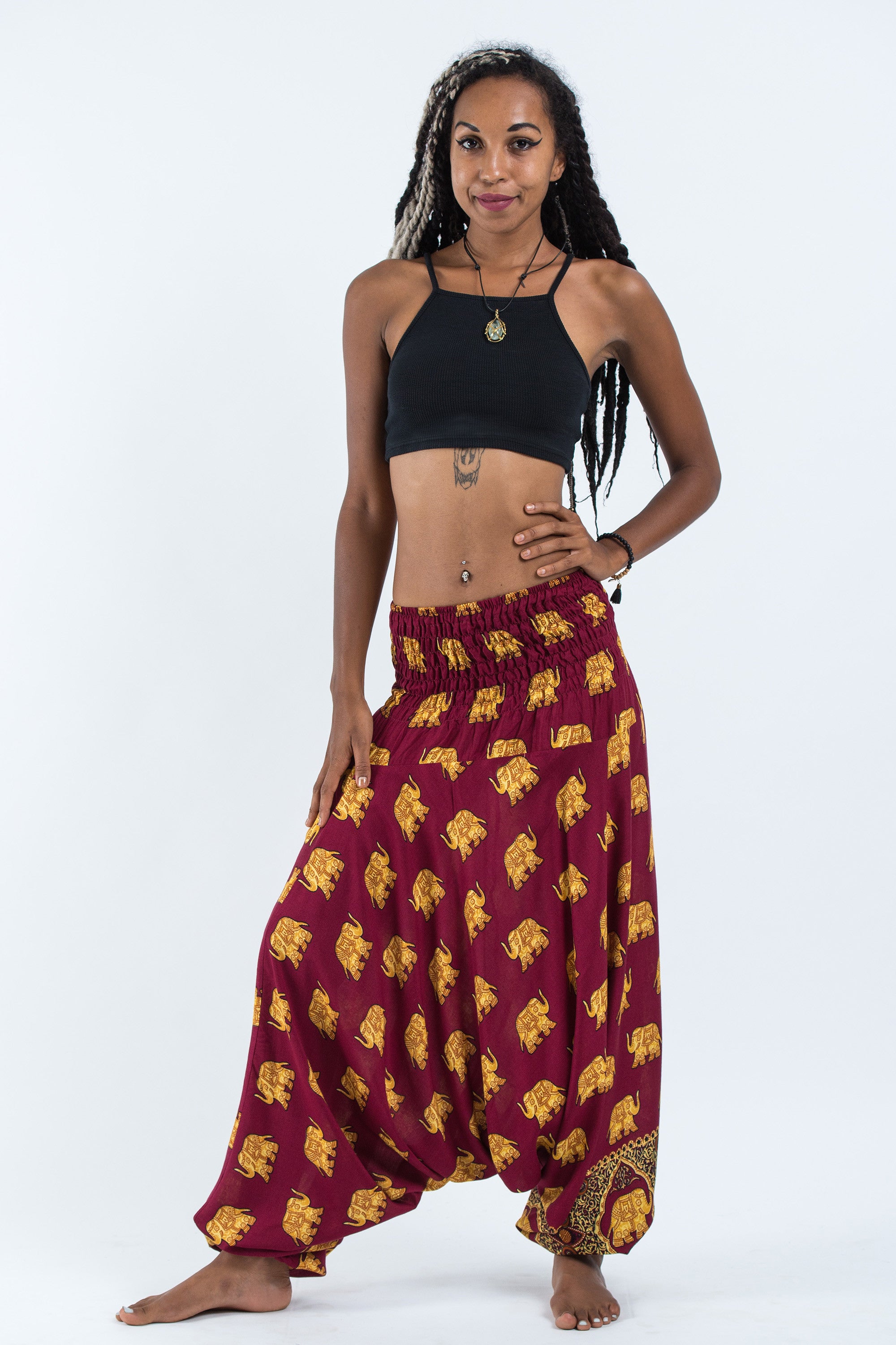 Golden Elephant 2-in-1 Jumpsuit Elephant Pants in Maroon