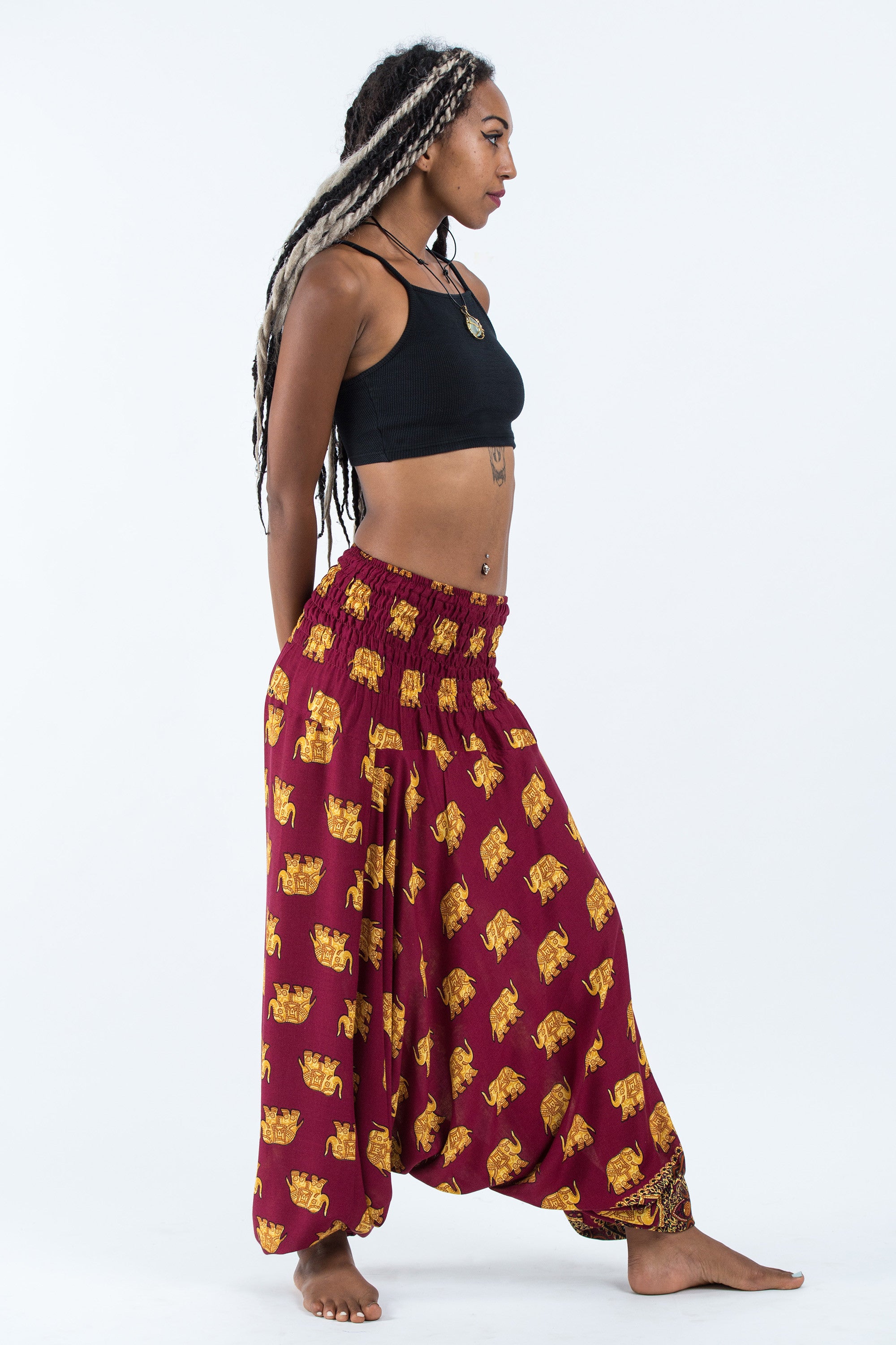 Golden Elephant 2-in-1 Jumpsuit Elephant Pants in Maroon