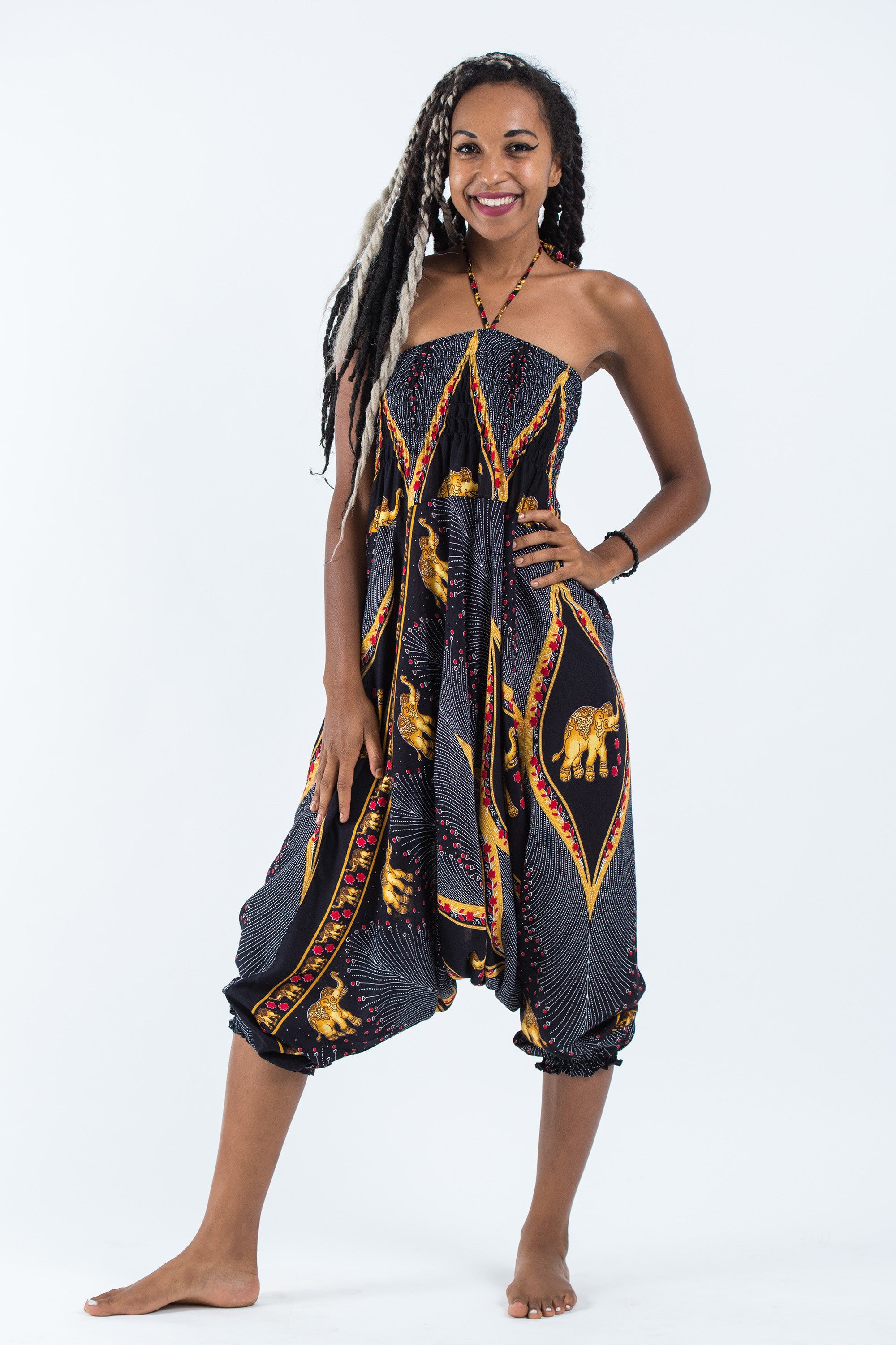 Peacock Elephant 2-in-1 Jumpsuit Elephant Pants in Black