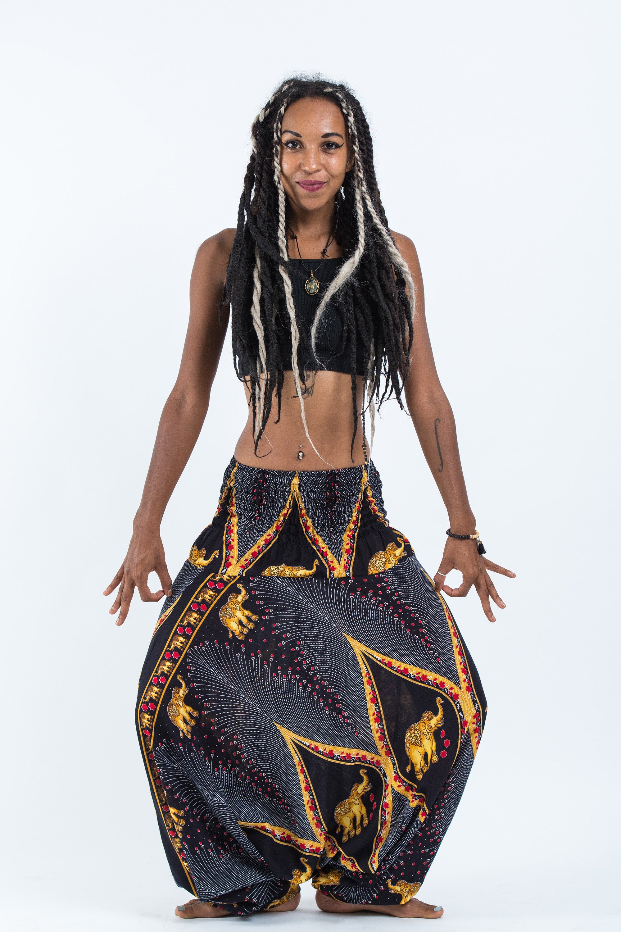Peacock Elephant 2-in-1 Jumpsuit Elephant Pants in Black