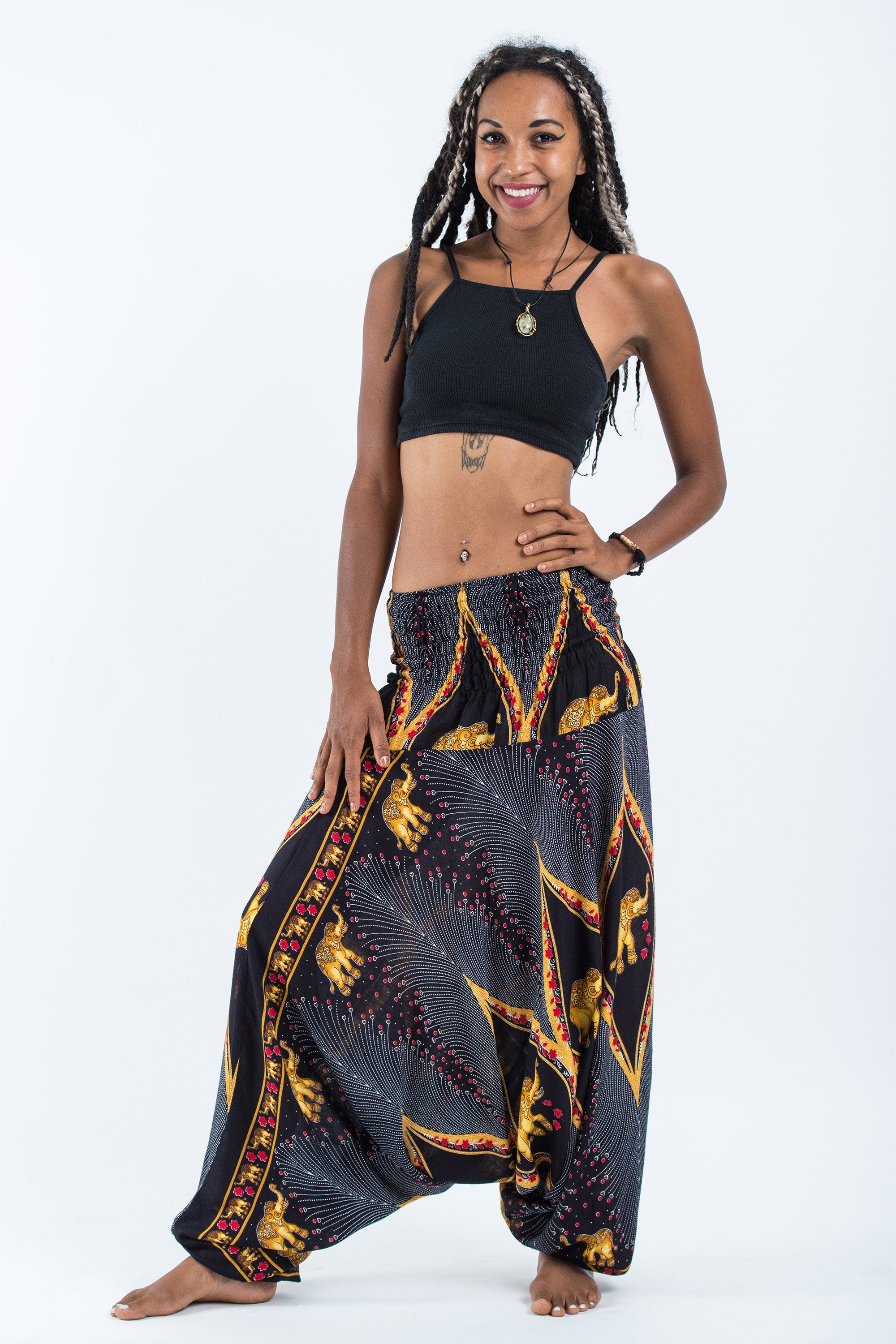 Peacock Elephant 2-in-1 Jumpsuit Elephant Pants in Black