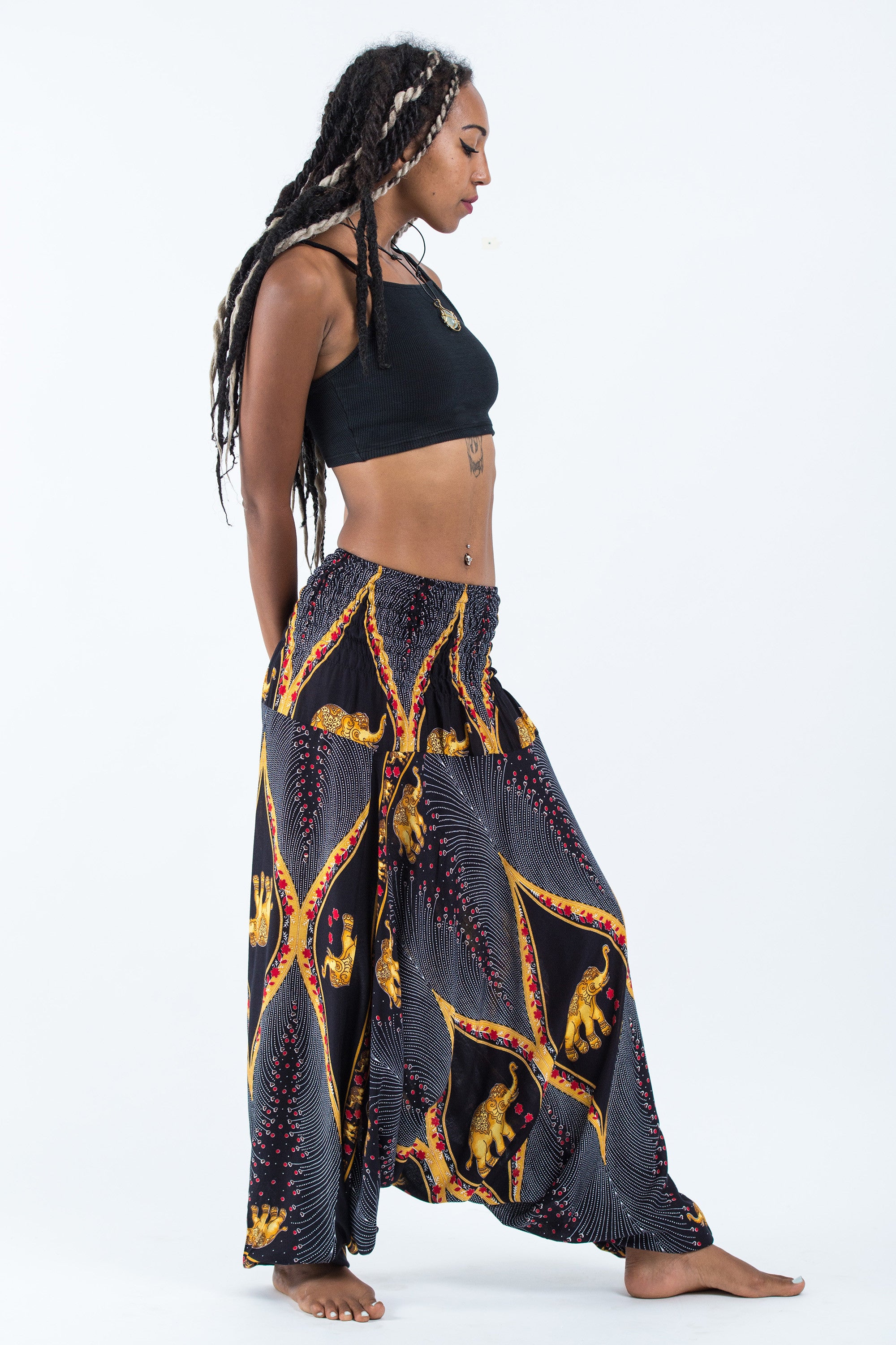 Peacock Elephant 2-in-1 Jumpsuit Elephant Pants in Black