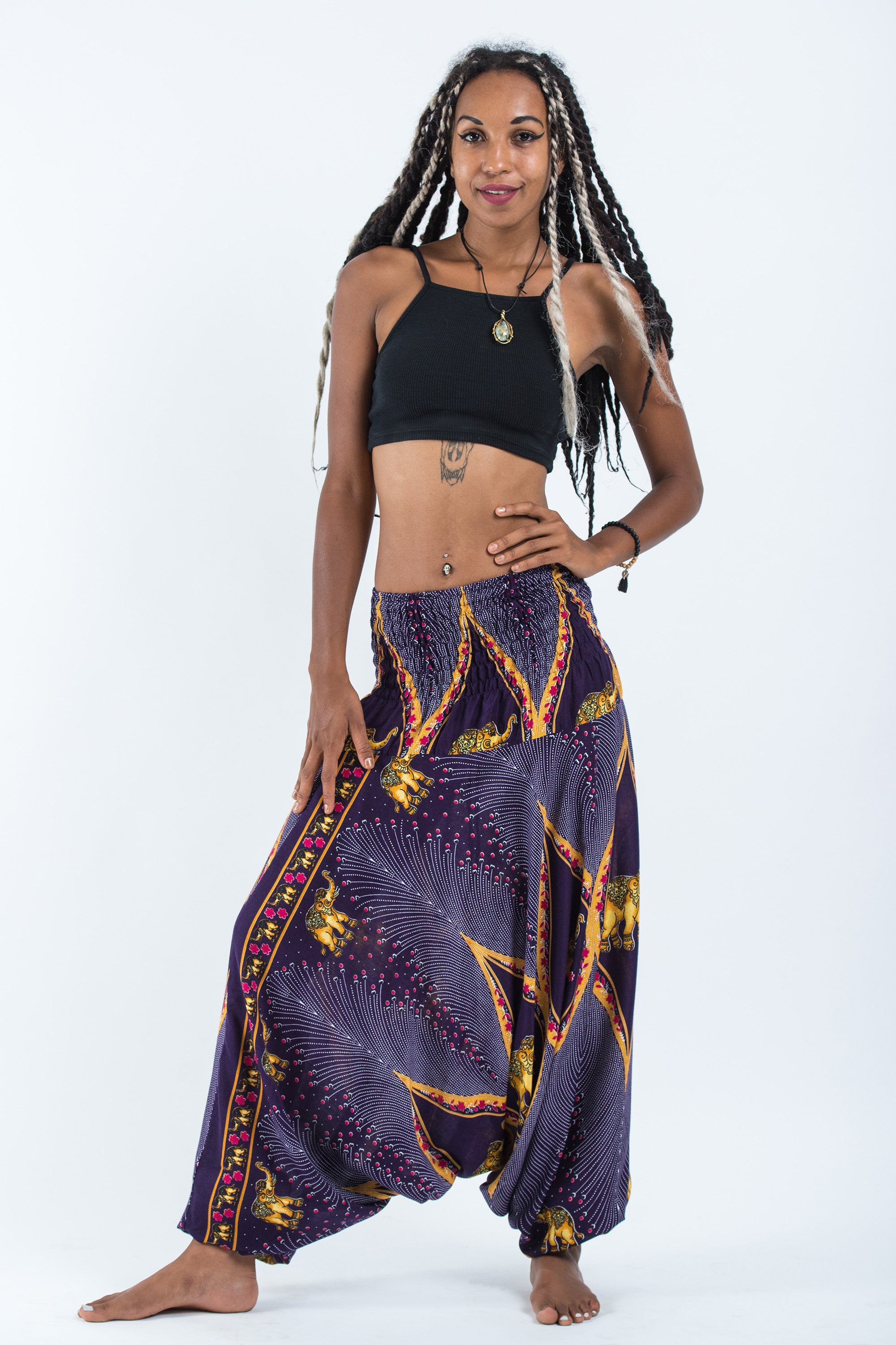 Peacock Elephant 2-in-1 Jumpsuit Elephant Pants in Purple