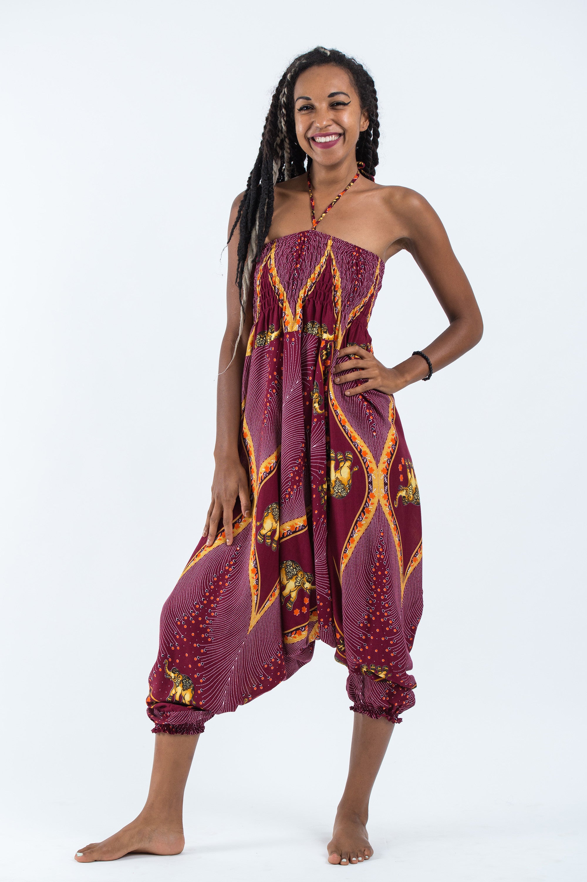 Peacock Elephant 2-in-1 Jumpsuit Elephant Pants in Red