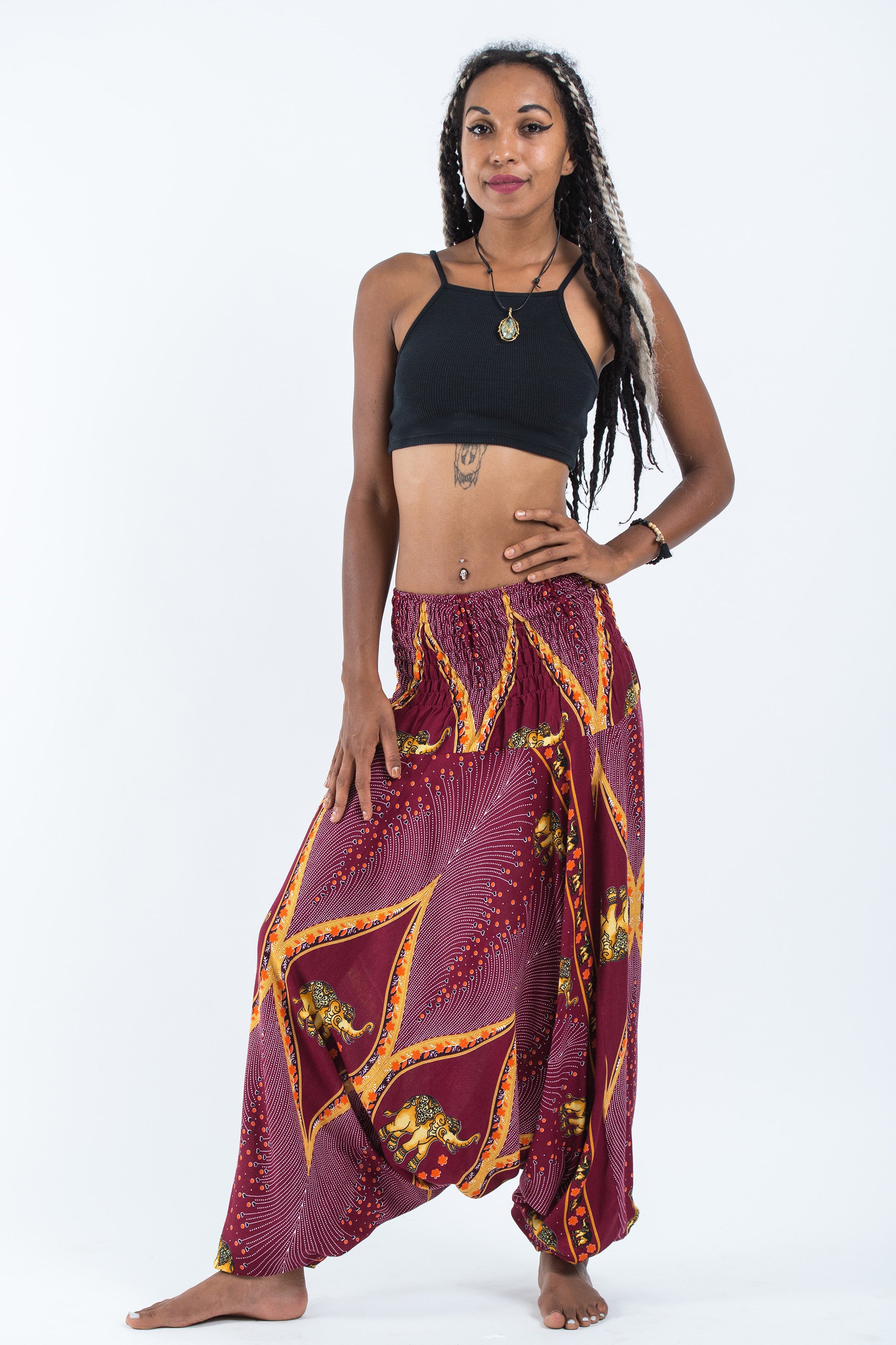 Peacock Elephant 2-in-1 Jumpsuit Elephant Pants in Red