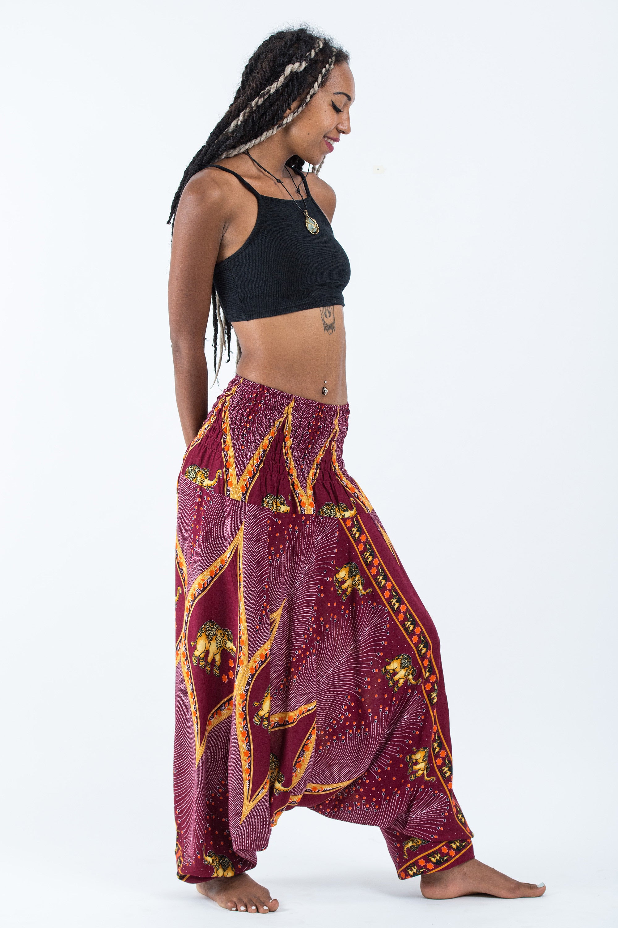Peacock Elephant 2-in-1 Jumpsuit Elephant Pants in Red