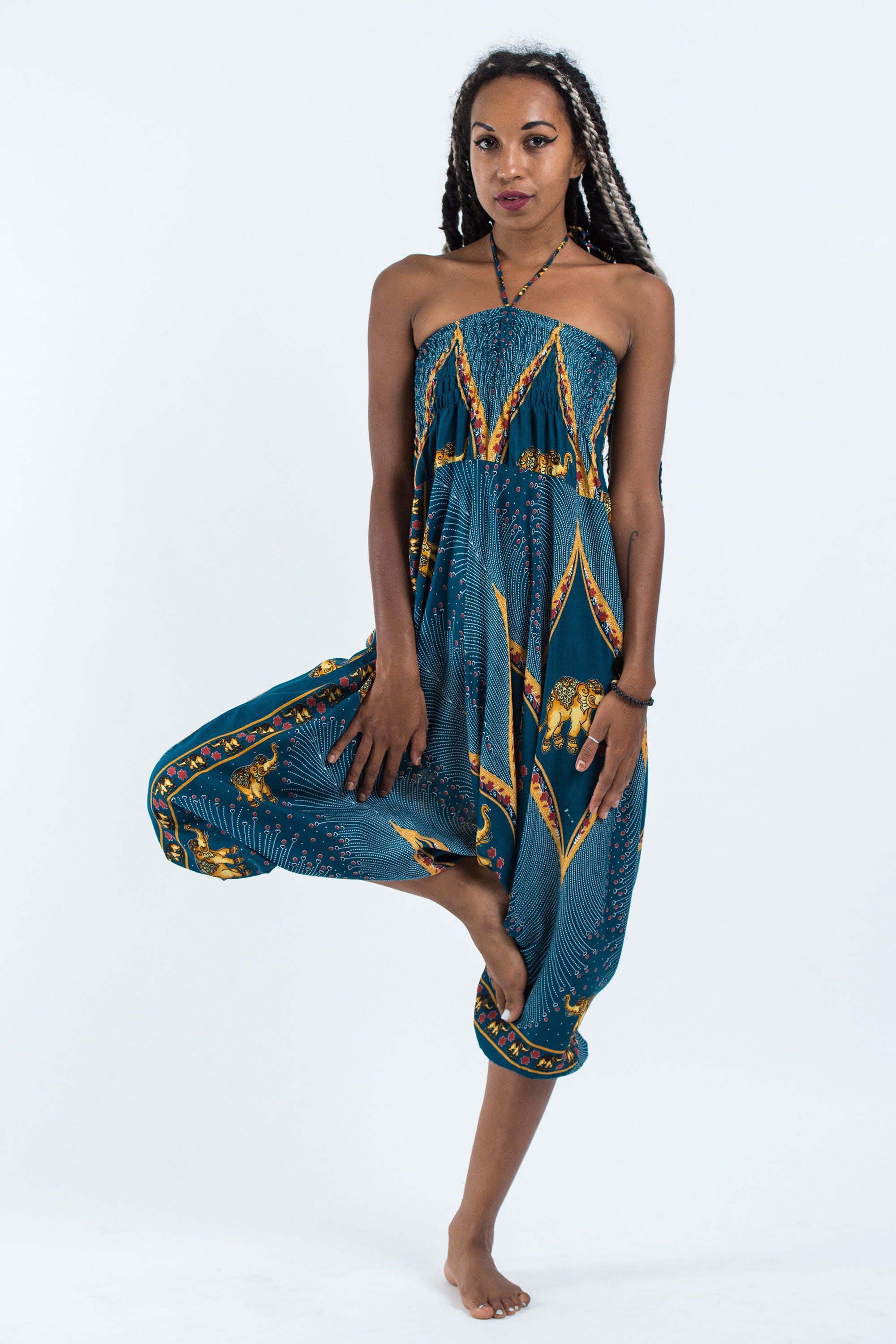 Peacock Elephant 2-in-1 Jumpsuit Elephant Pants in Turquoise
