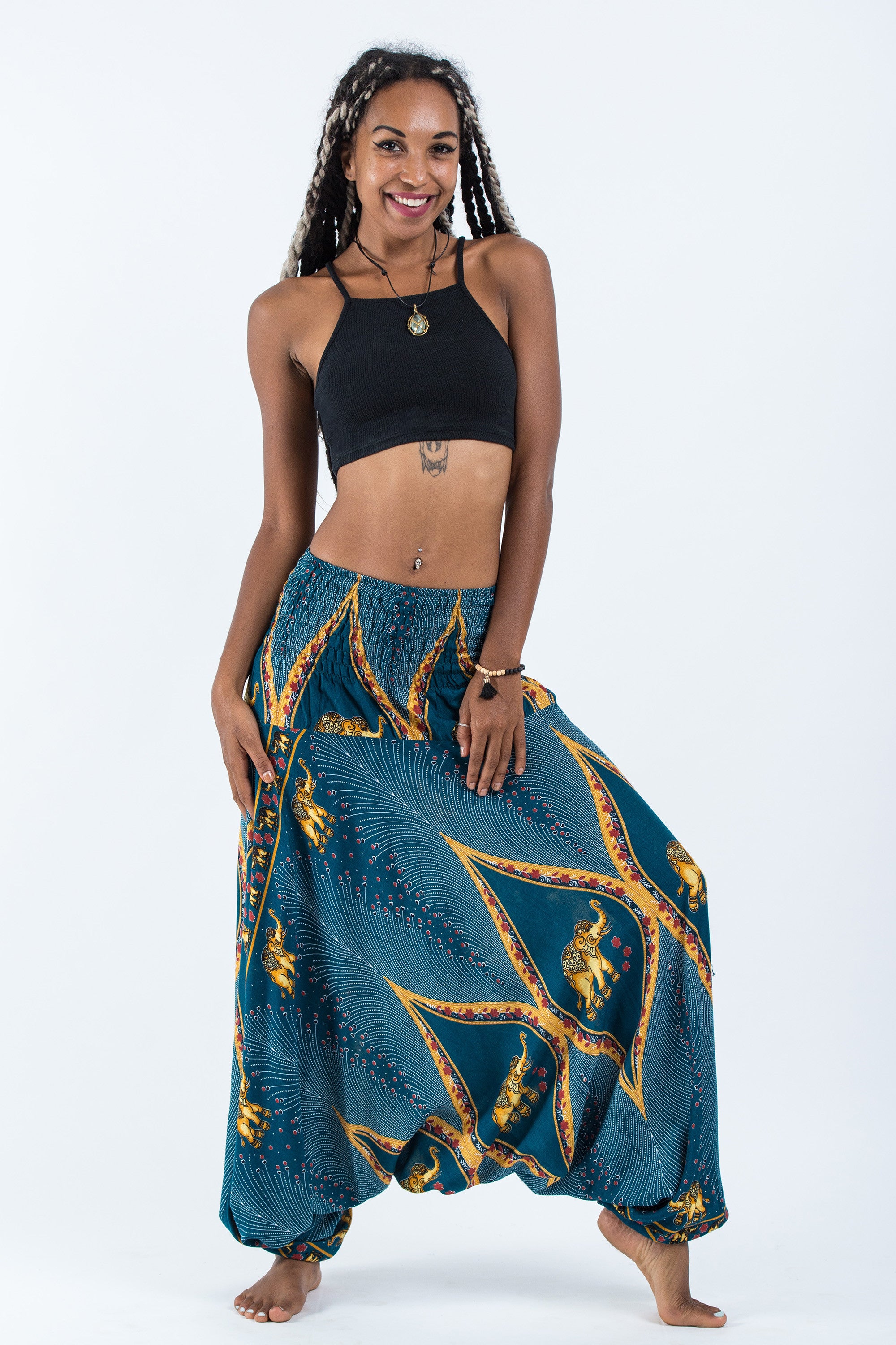 Peacock Elephant 2-in-1 Jumpsuit Elephant Pants in Turquoise