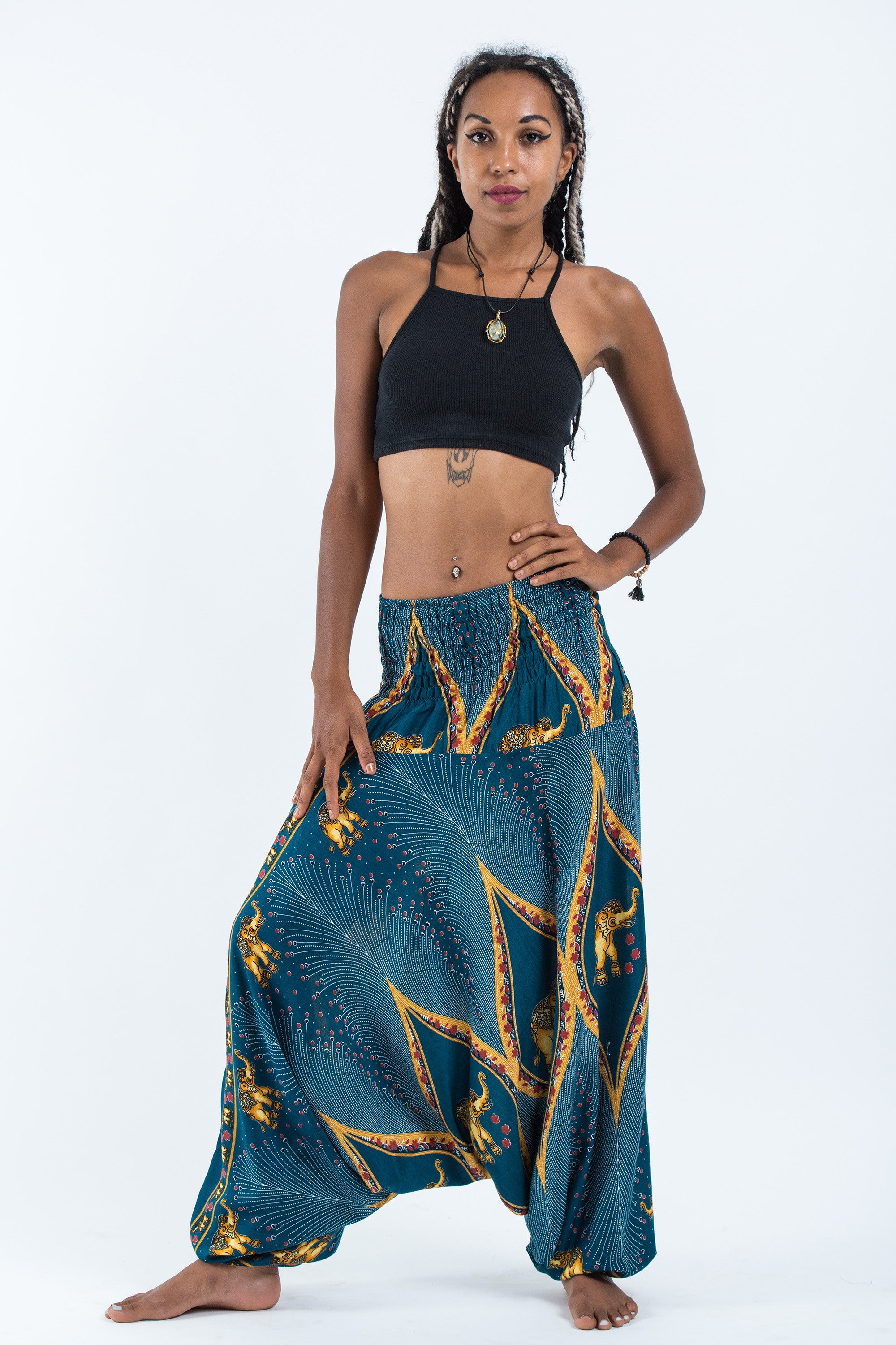 Peacock Elephant 2-in-1 Jumpsuit Elephant Pants in Turquoise
