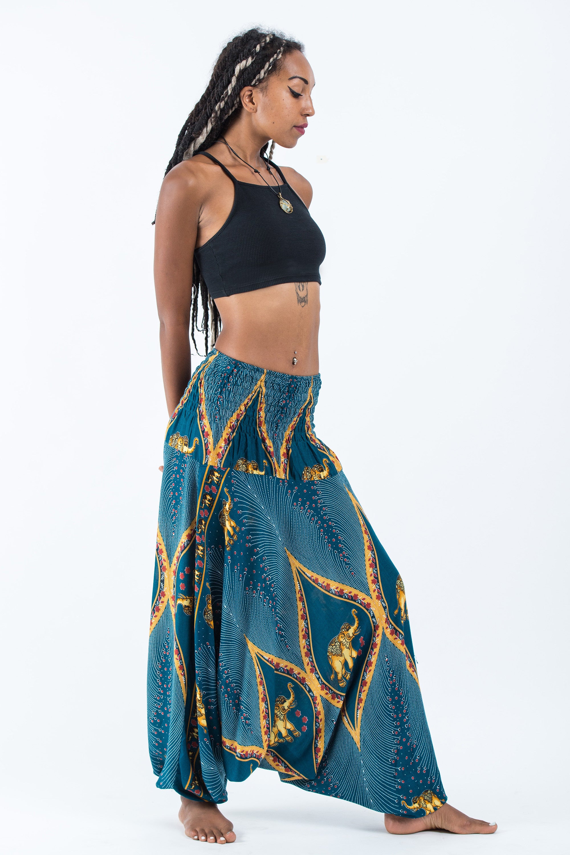Peacock Elephant 2-in-1 Jumpsuit Elephant Pants in Turquoise