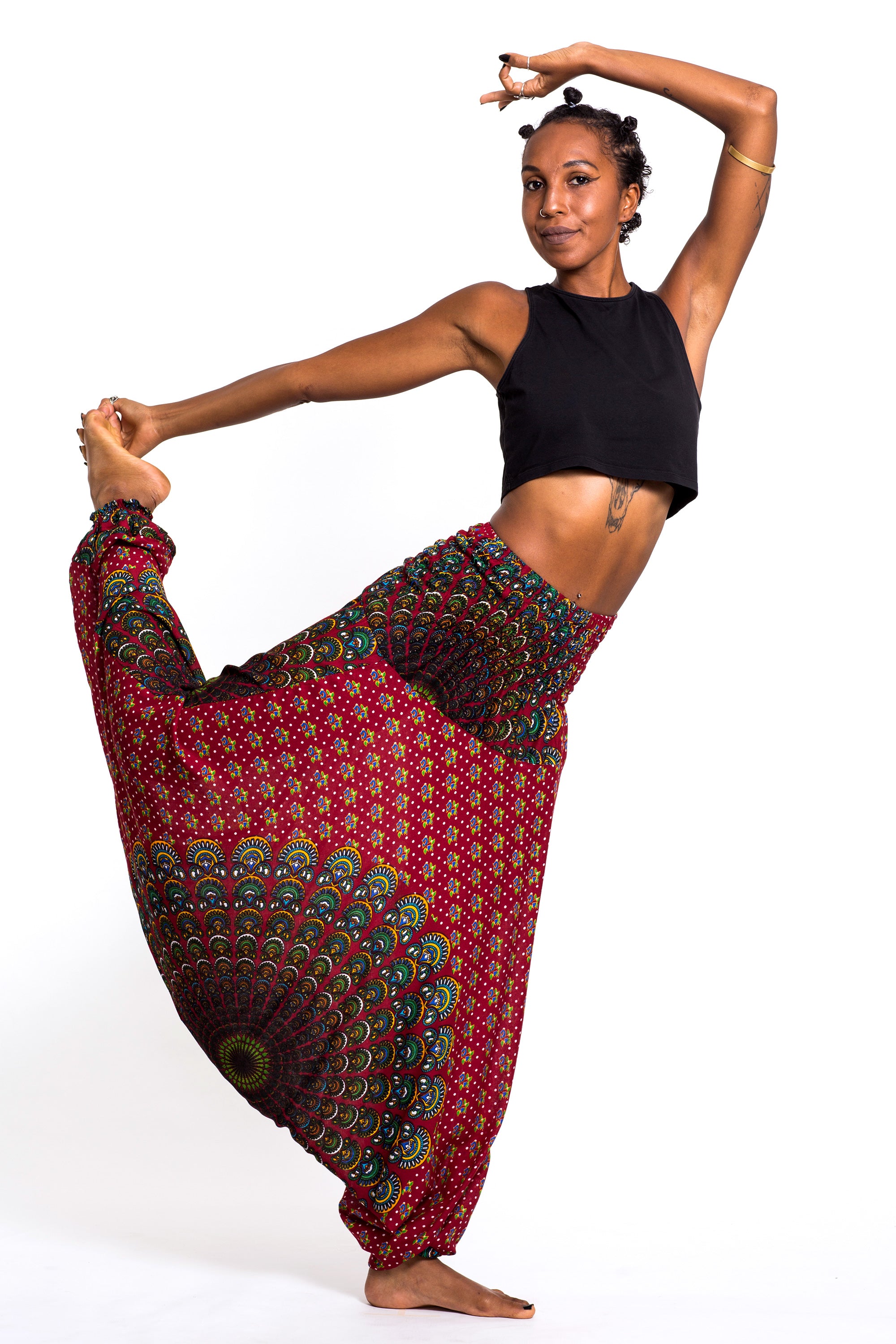 Peacock Mandalas 2-in-1 Jumpsuit Harem Pants in Red