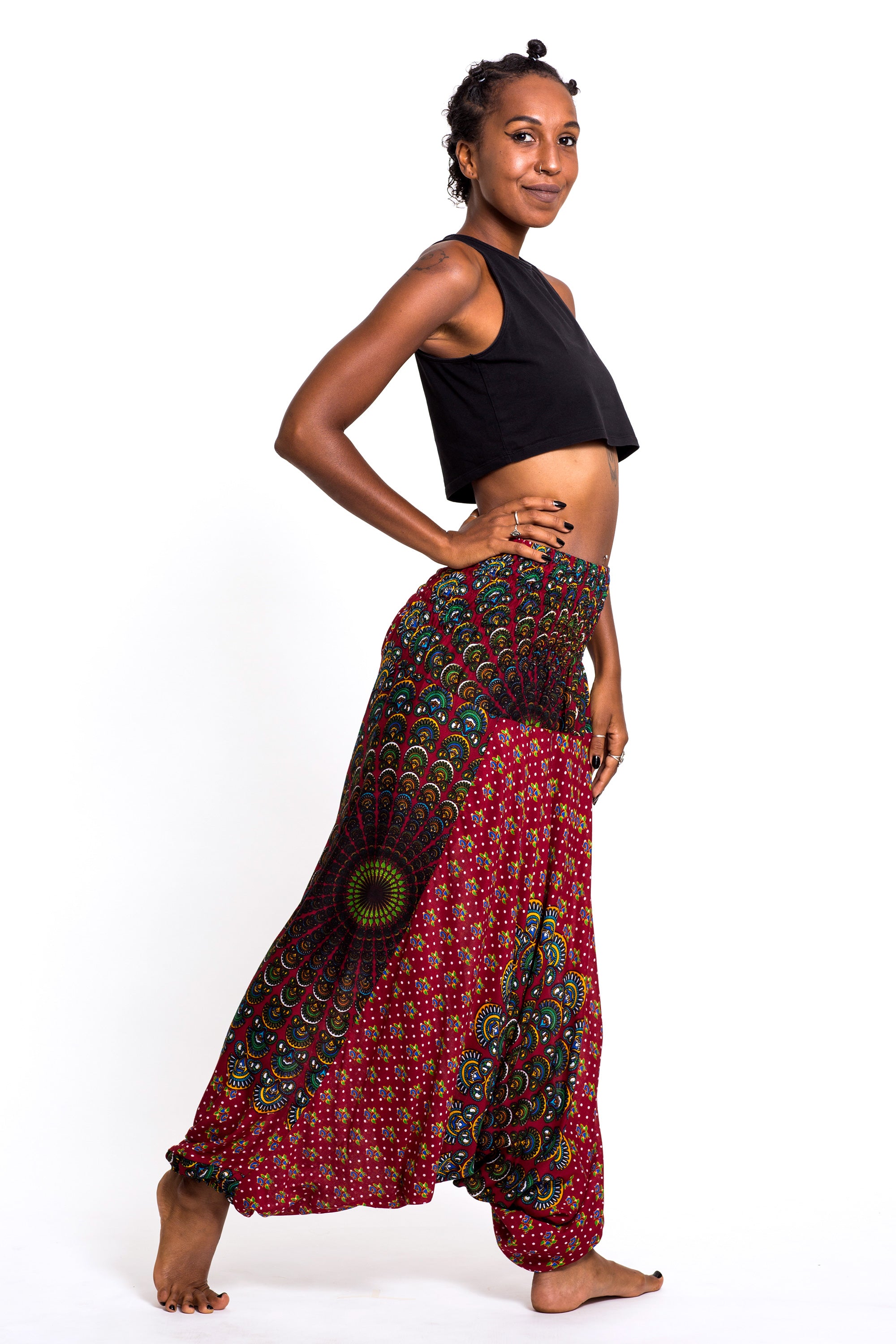 Peacock Mandalas 2-in-1 Jumpsuit Harem Pants in Red